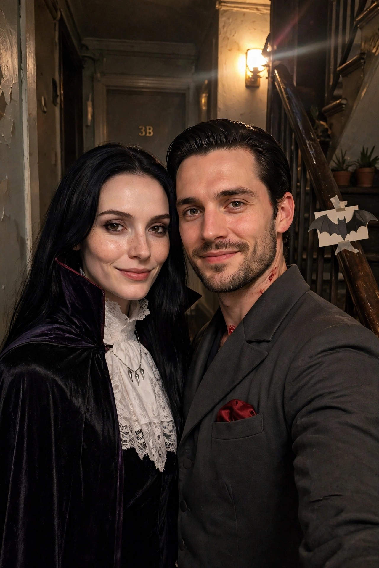 Couple in matching Victorian vampire costumes, woman wearing black velvet cape with lace blouse and fang necklace, man in dark suit with fake blood on neck.