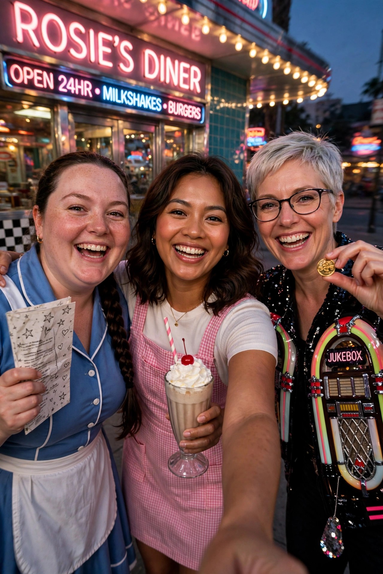 Three women posing together in 1950s diner waitress and jukebox costumes outside a retro diner at night.