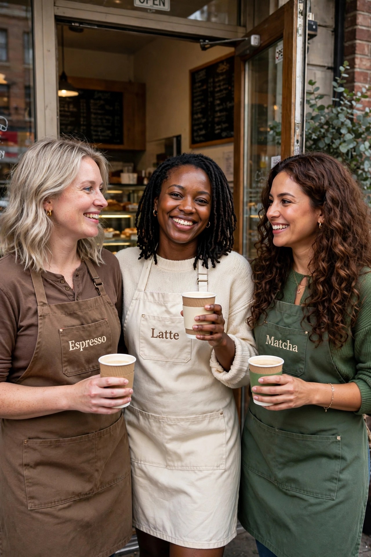 Three women wearing aprons labeled Espresso, Latte, and Matcha while holding matching coffee cups outside a shop.