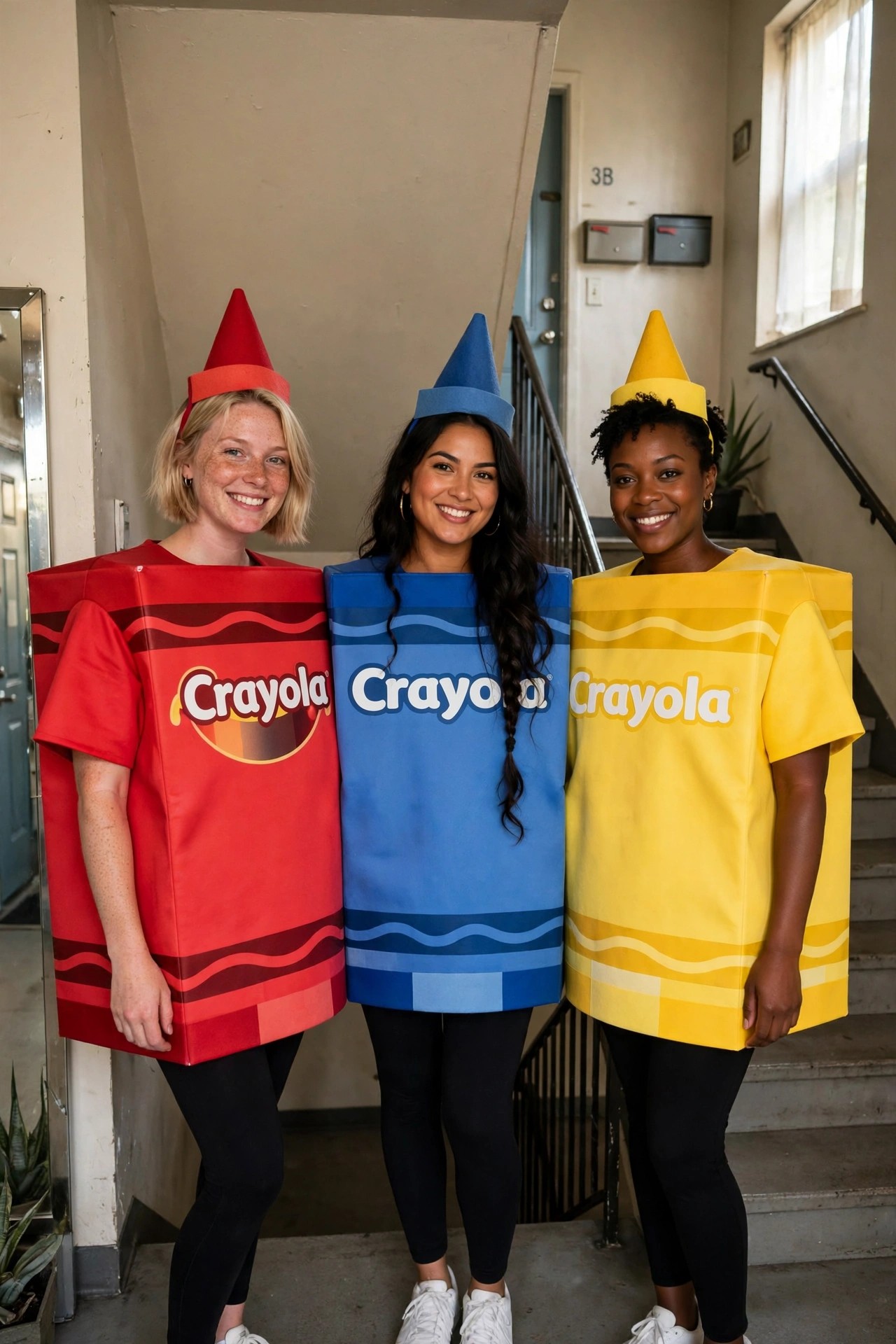 Three women standing together in red blue and yellow Crayola crayon box costumes with matching cone hats.