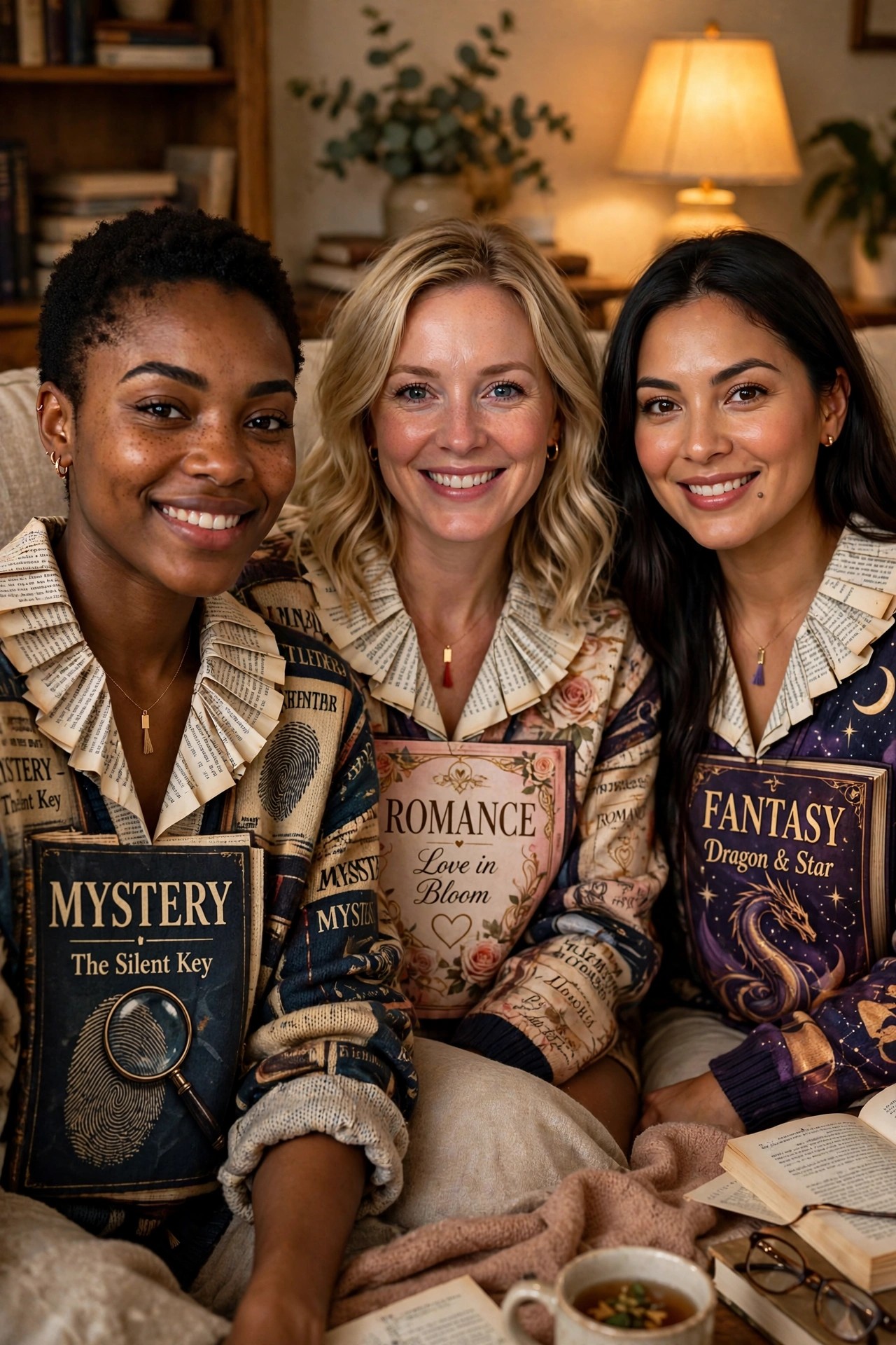 Three women wearing matching pajama tops printed with book pages, each holding a large book labeled Mystery, Romance, or Fantasy.