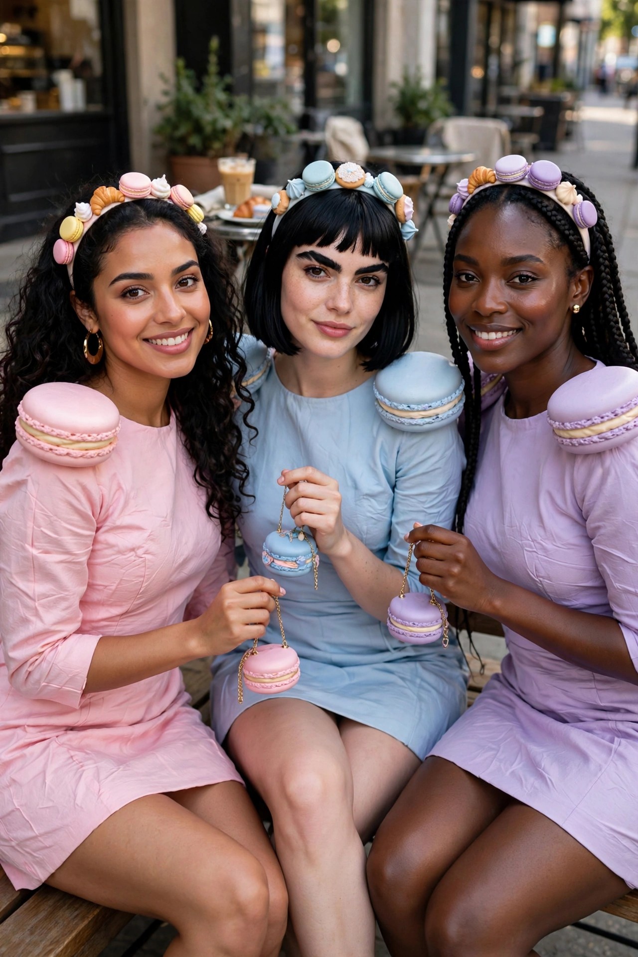Three women in pastel dresses wearing matching macaron headbands, shoulder macarons, and small macaron purses as a coordinated group costume.