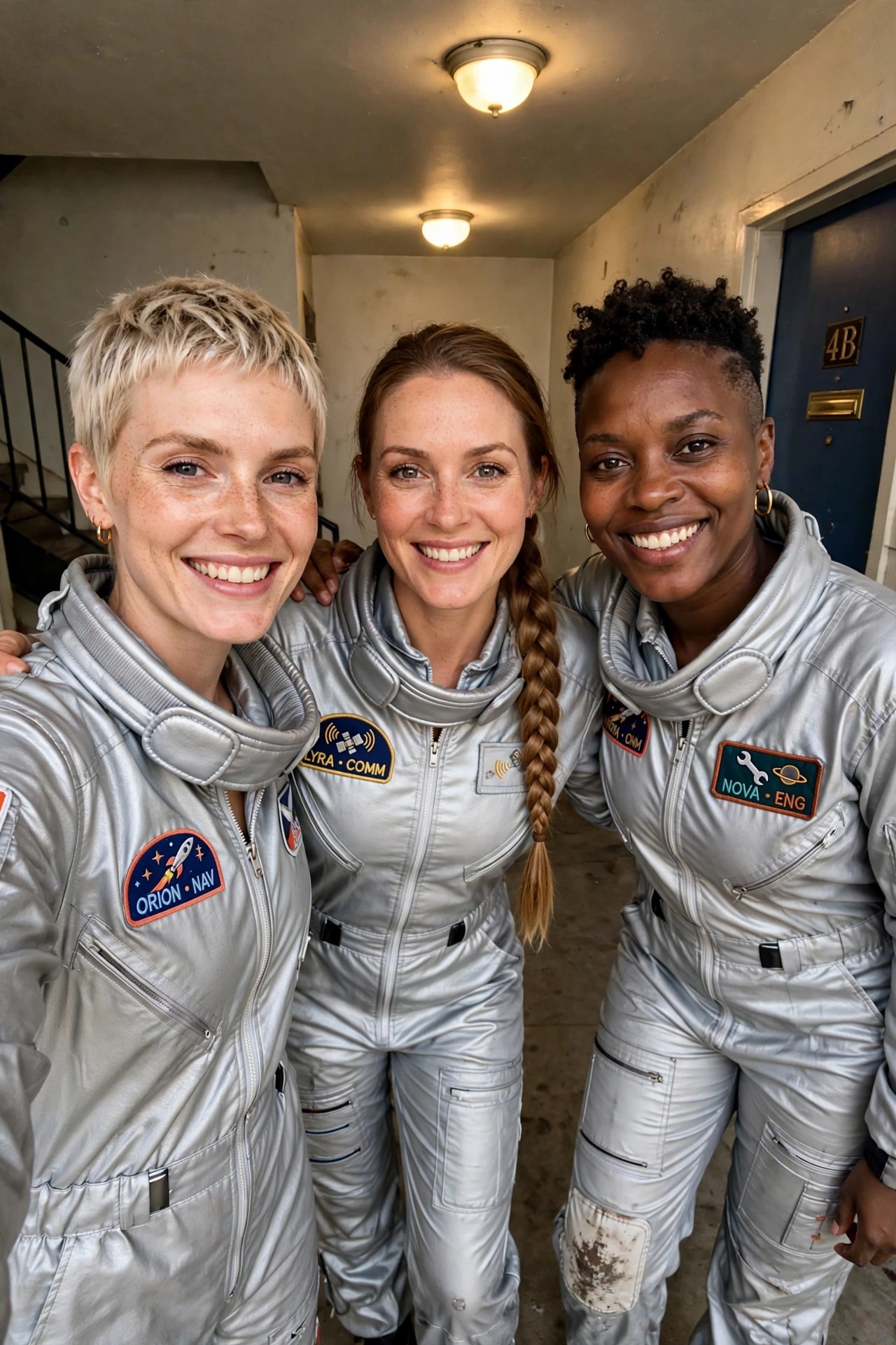 Three women wearing matching silver metallic astronaut jumpsuits with space mission patches posing together for a group photo.