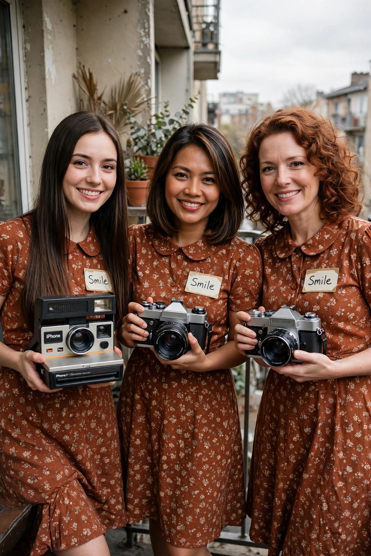 Three women in matching brown floral dresses holding vintage style cameras with Smile name tags pinned to their chests.