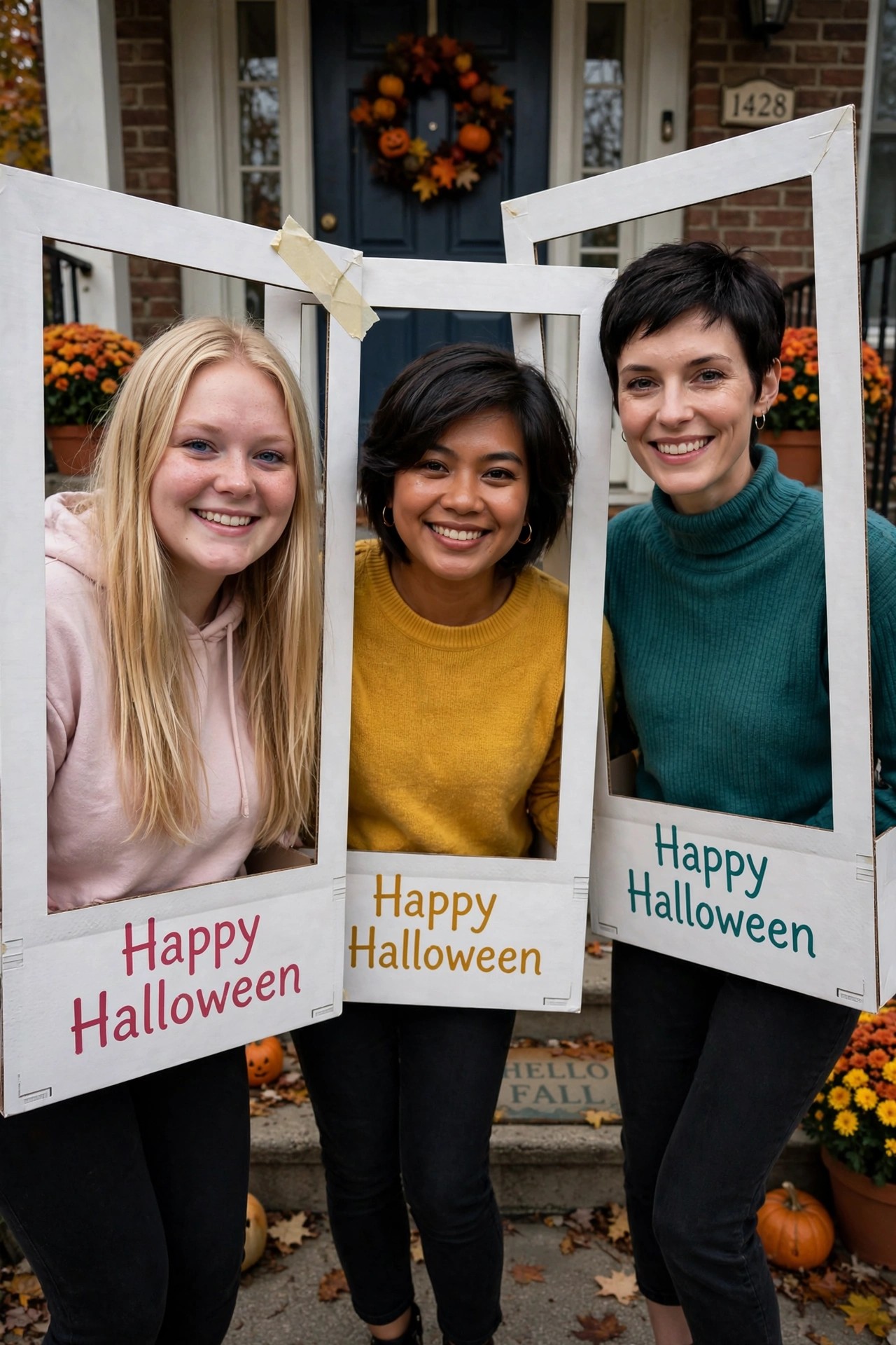Three women holding large white cardboard frames styled like instant photo prints, each frame labeled