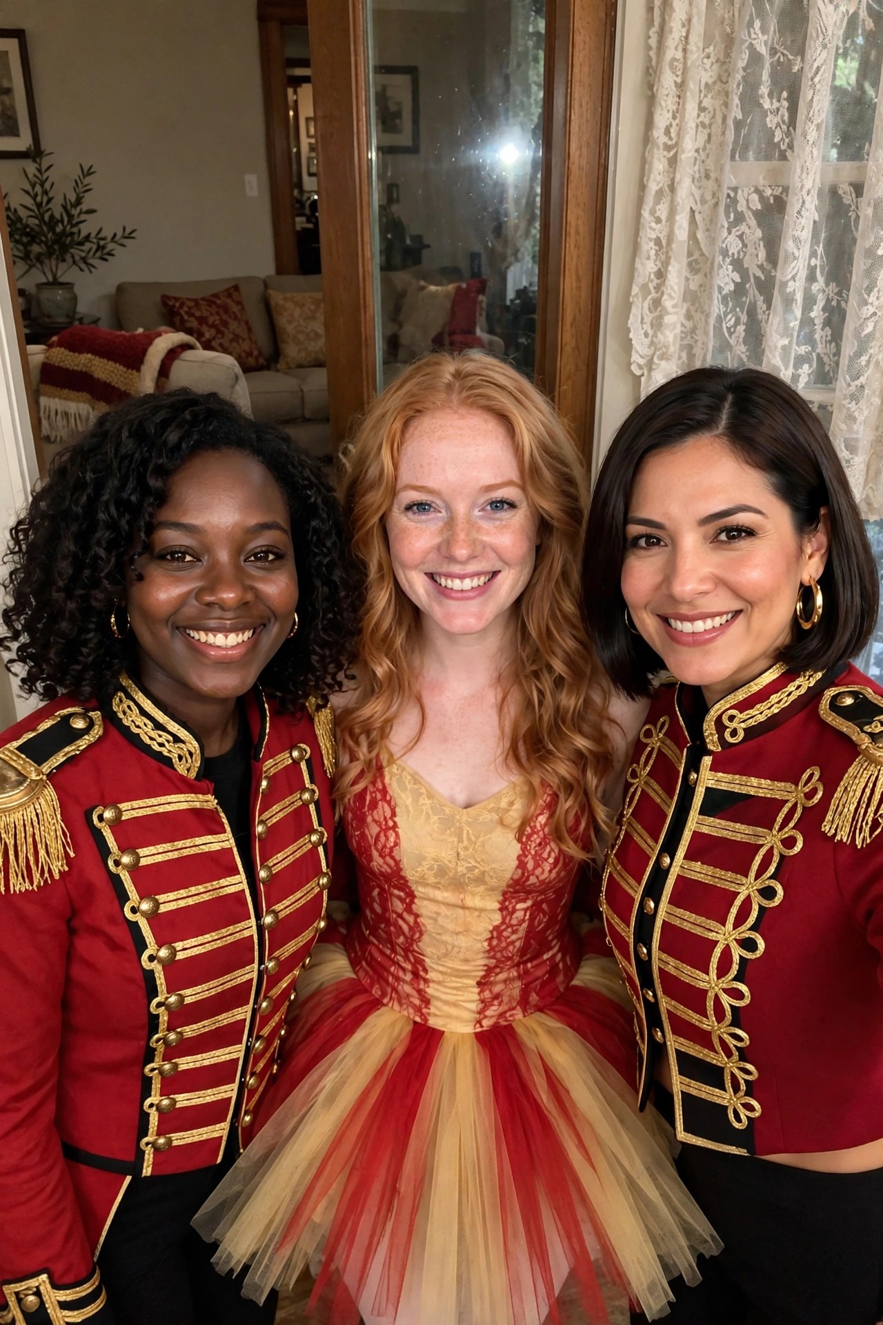 Three women pose together wearing coordinated red and gold costumes with two in military style band jackets and one in a red and gold lace corset with a layered tulle skirt.