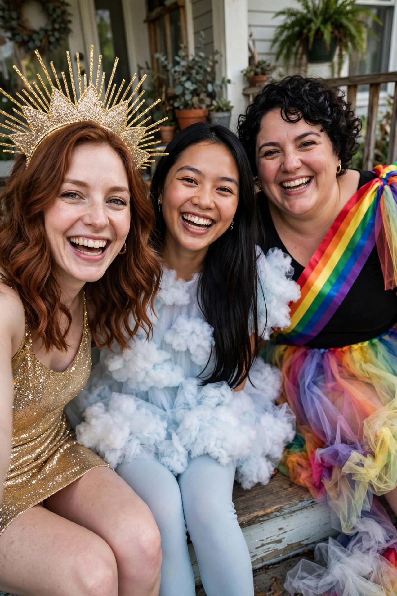 Three women in coordinated Halloween costumes showing a gold sun crown and sequin dress, a blue cloud tulle outfit, and a rainbow tutu with sash.