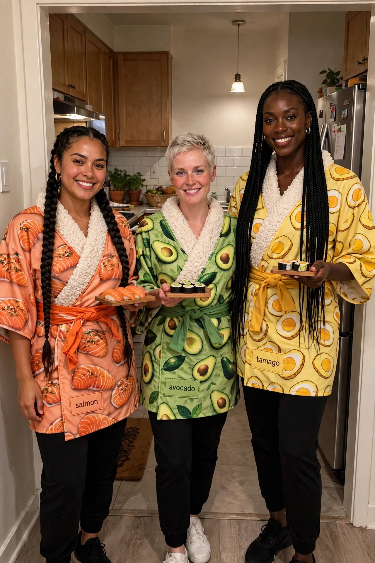 Three women standing together in matching sushi themed robes printed with salmon avocado and tamago patterns while holding small trays of sushi rolls.