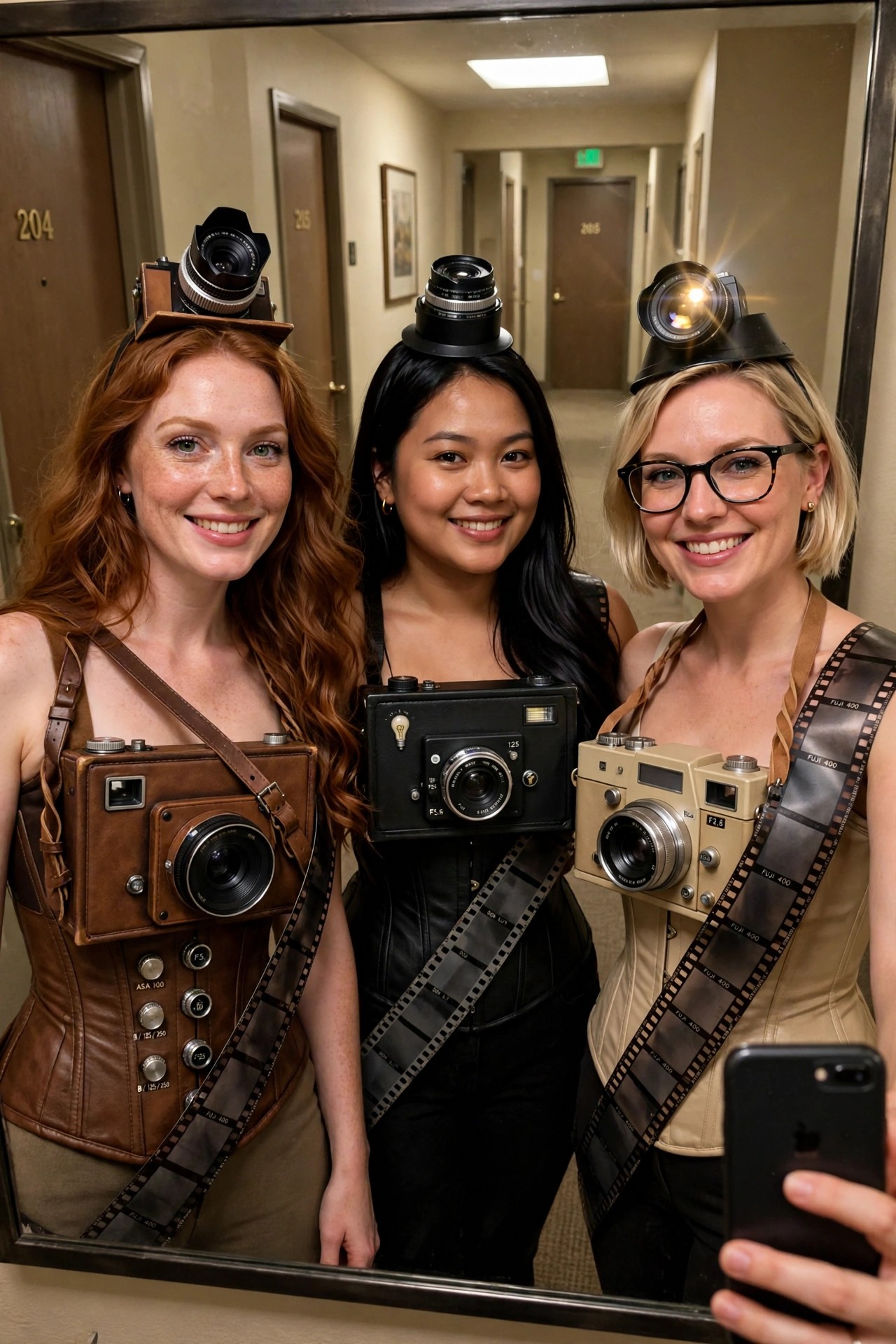 Three women in coordinated vintage camera costumes with large camera props on their torsos, film strip accessories, and headpieces featuring camera lenses and a flash unit.