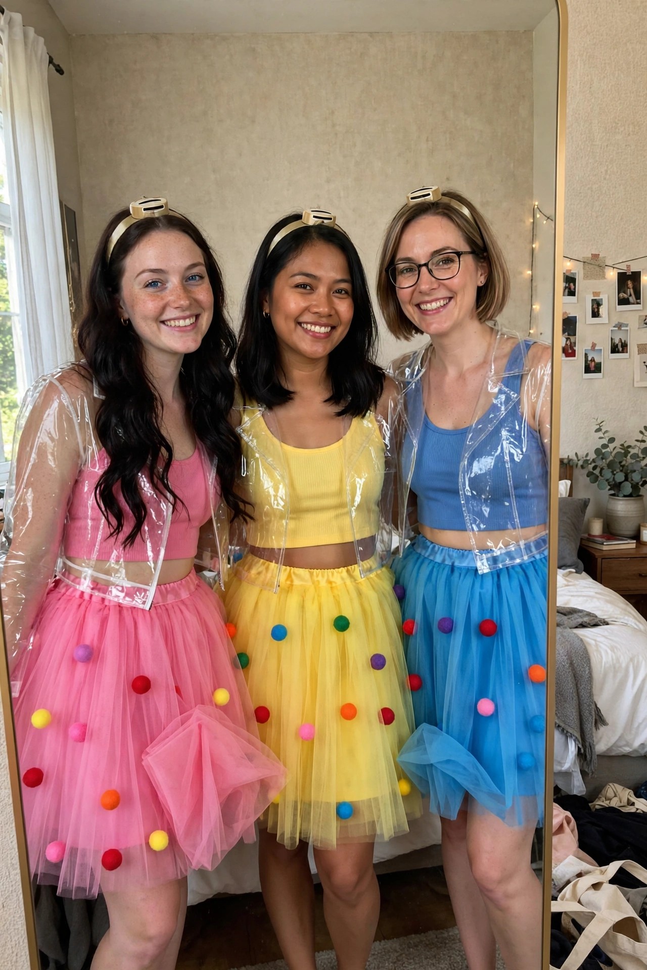 Three women standing side by side in matching costumes with clear plastic jackets over pink, yellow, and blue crop tops, colorful pom-pom tulle skirts, and gold headbands shaped like tape dispensers.