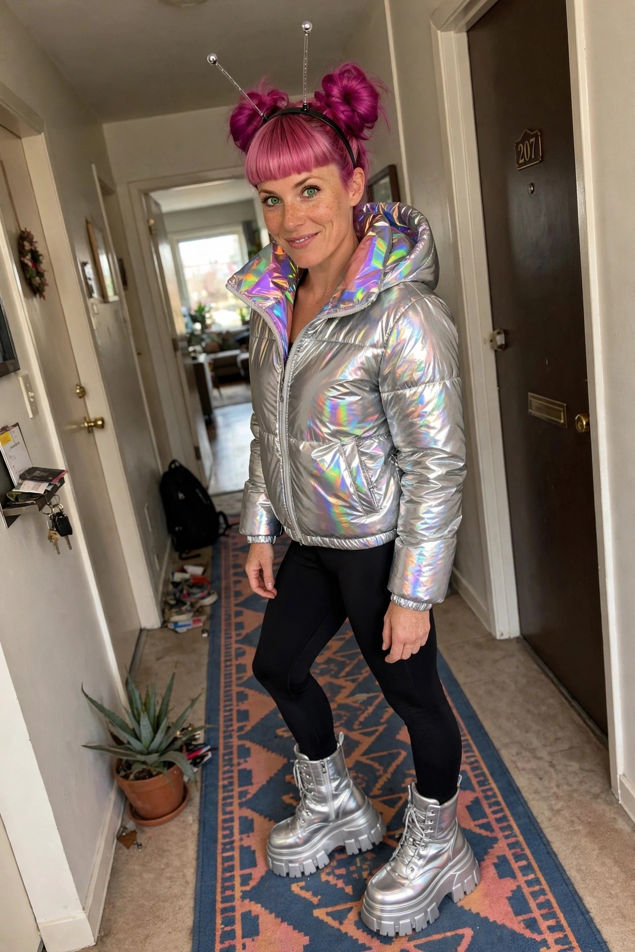 Woman wearing a silver metallic puffer jacket, black leggings, and silver platform boots with bright pink hair styled in two high buns and a silver antennae headband.