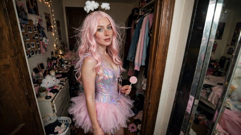 21 Playful Pink Hair Halloween Costume Ideas Woman wearing a pastel fairy costume with long bright pink wavy hair, cloud headband, iridescent scale bodice, layered pink and blue tulle skirt, and holding a large pink and white lollipop prop.