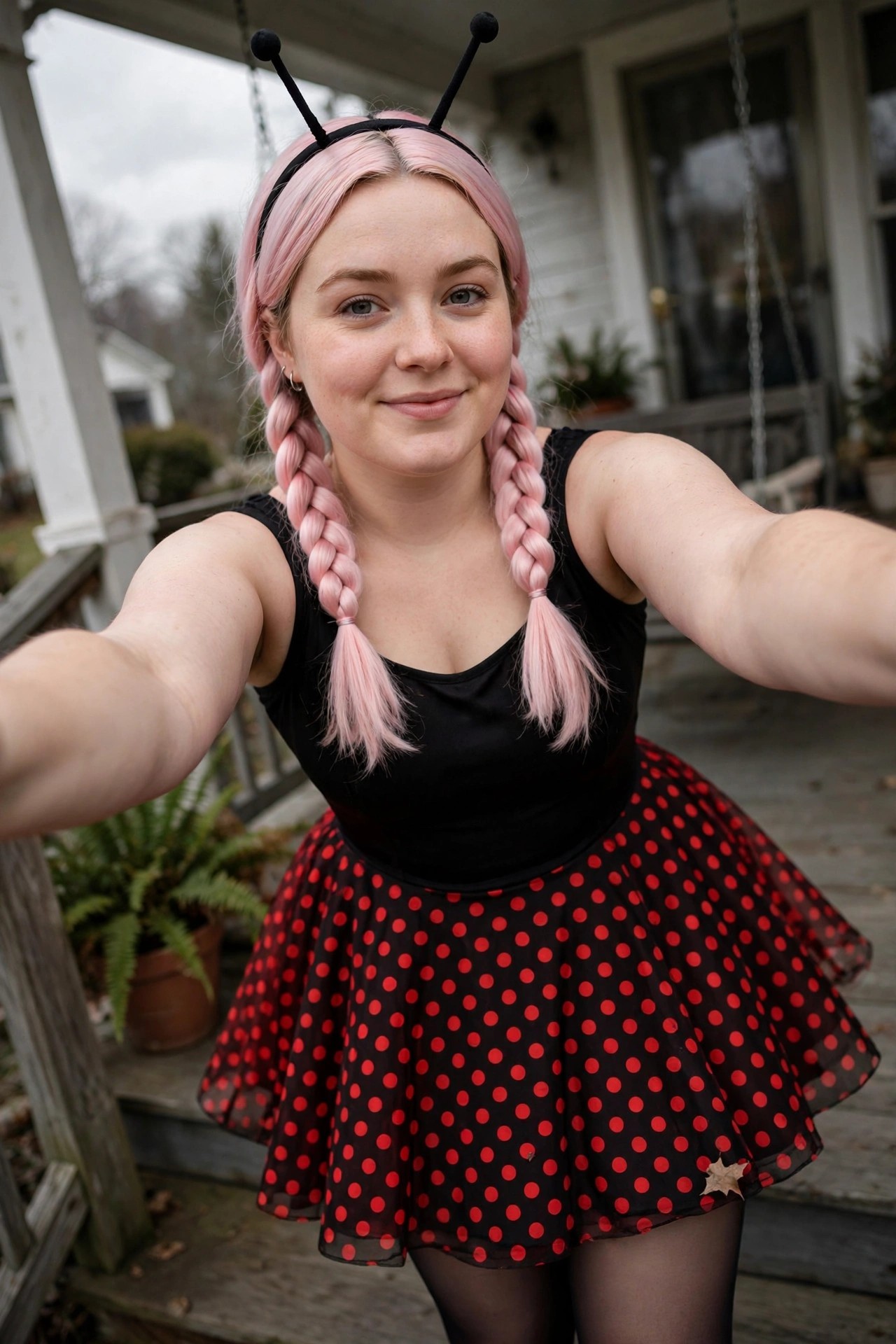 Woman wearing a ladybug costume with a red polka dot skirt, black tank top, black tights, and pink braided pigtails topped with antennae.