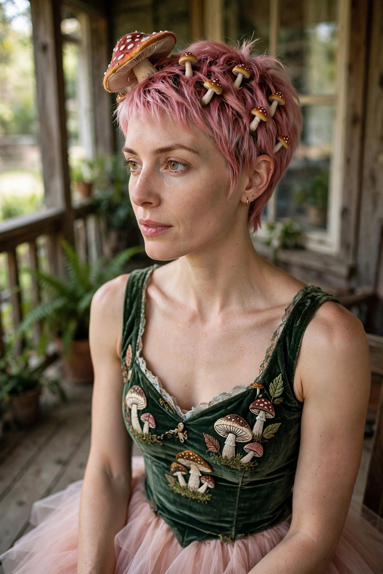 Woman with short pink hair wearing a green velvet corset embroidered with mushrooms and a pink tulle skirt, with small mushroom decorations placed throughout the hair.