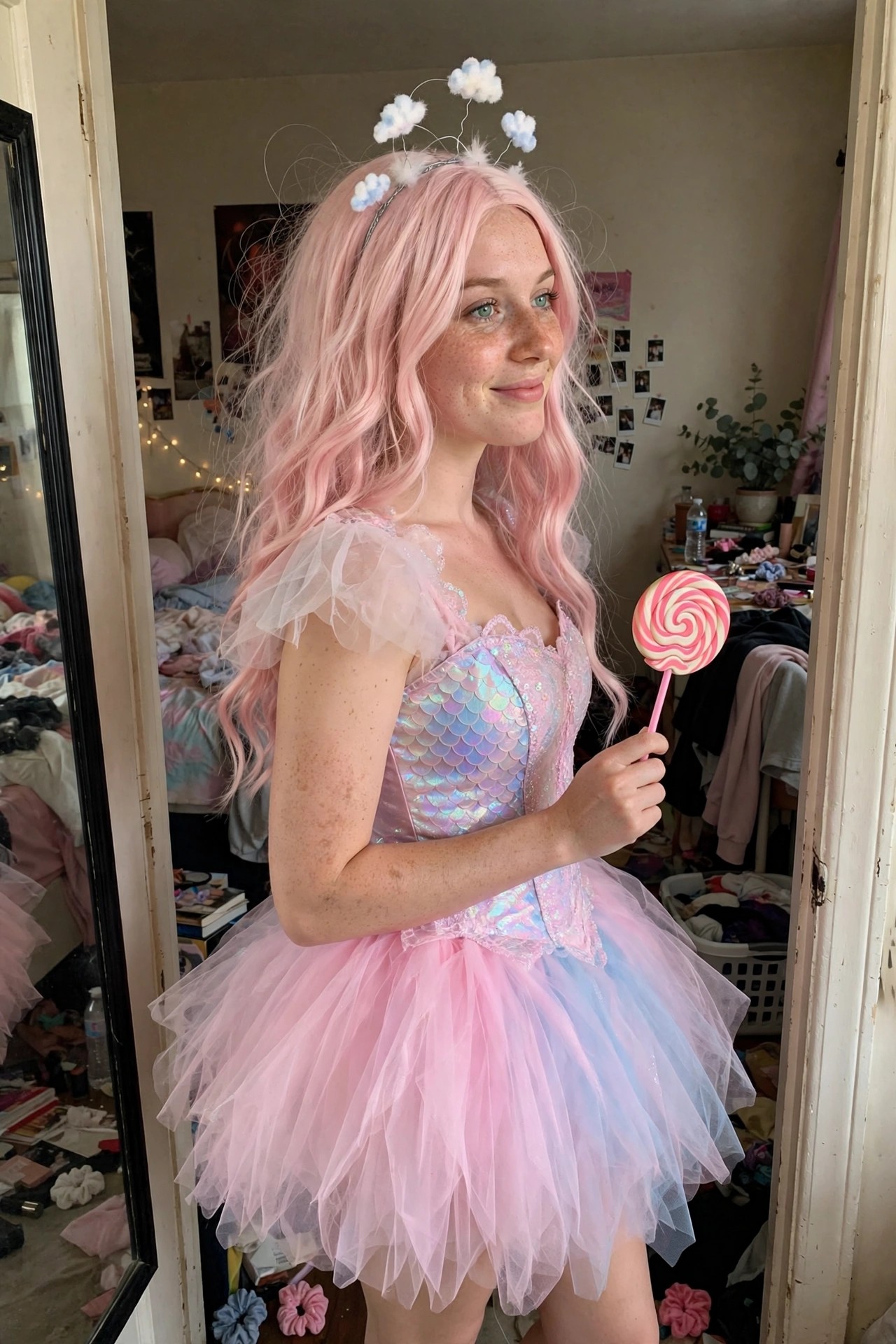 Woman wearing a pastel fairy costume with long bright pink wavy hair, cloud headband, iridescent scale bodice, layered pink and blue tulle skirt, and holding a large pink and white lollipop prop.
