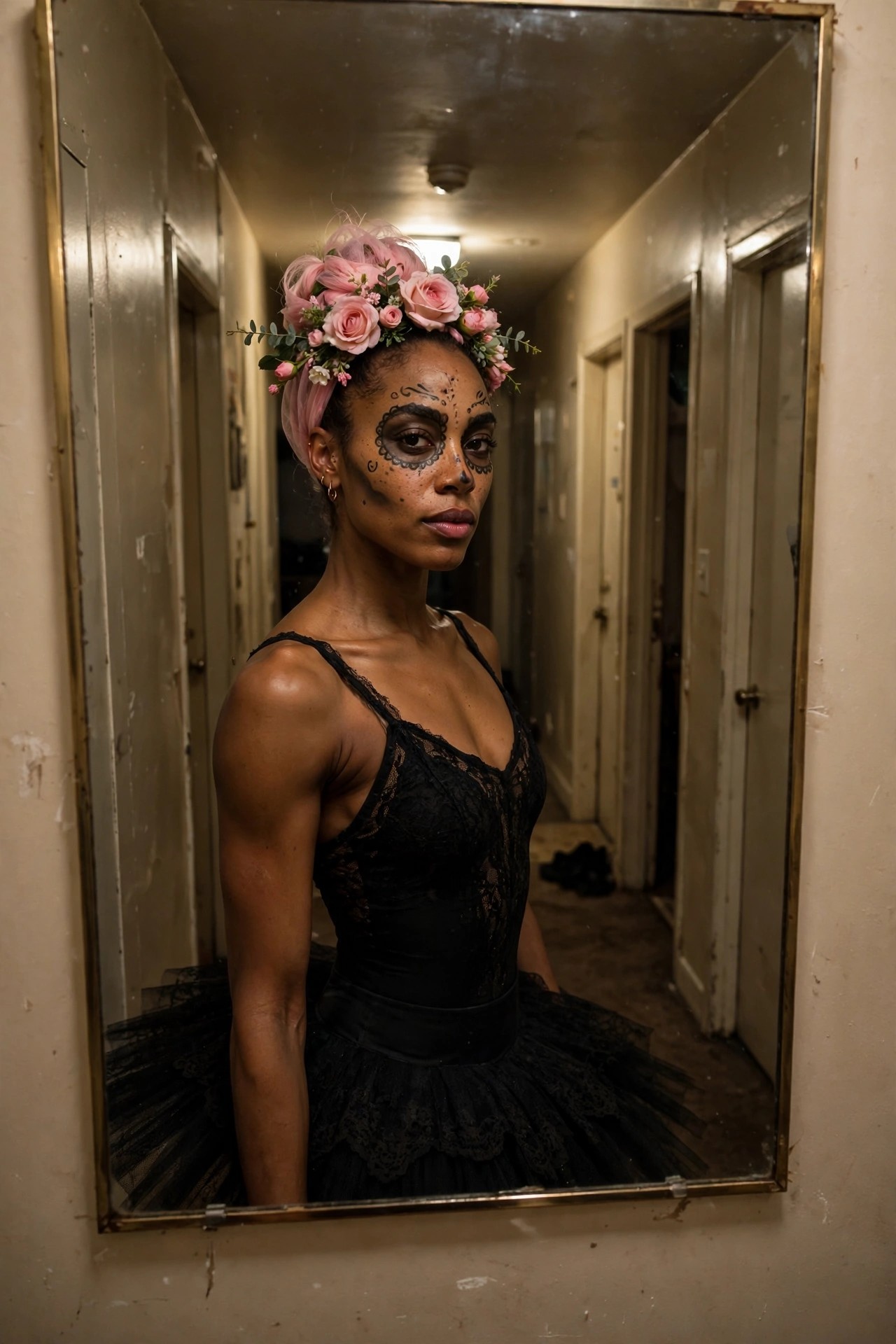 Woman with pastel pink hair in a low bun topped with a crown of pink roses and greenery, wearing black lace bodysuit and tulle skirt with skull face paint.