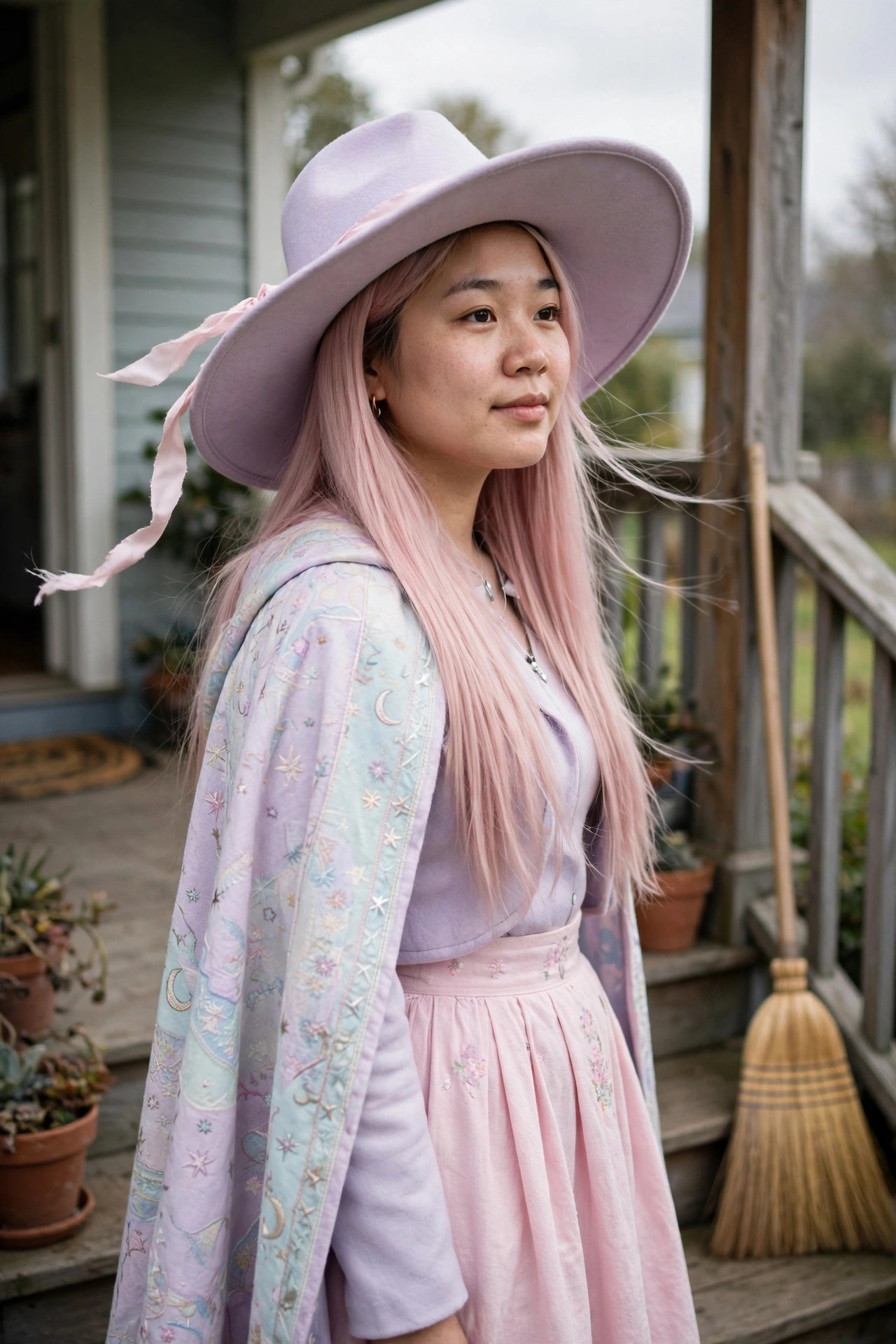 Woman wearing a large lavender witch hat with pink ribbons, long pink hair, and a celestial embroidered cape over a lavender top and pink skirt.