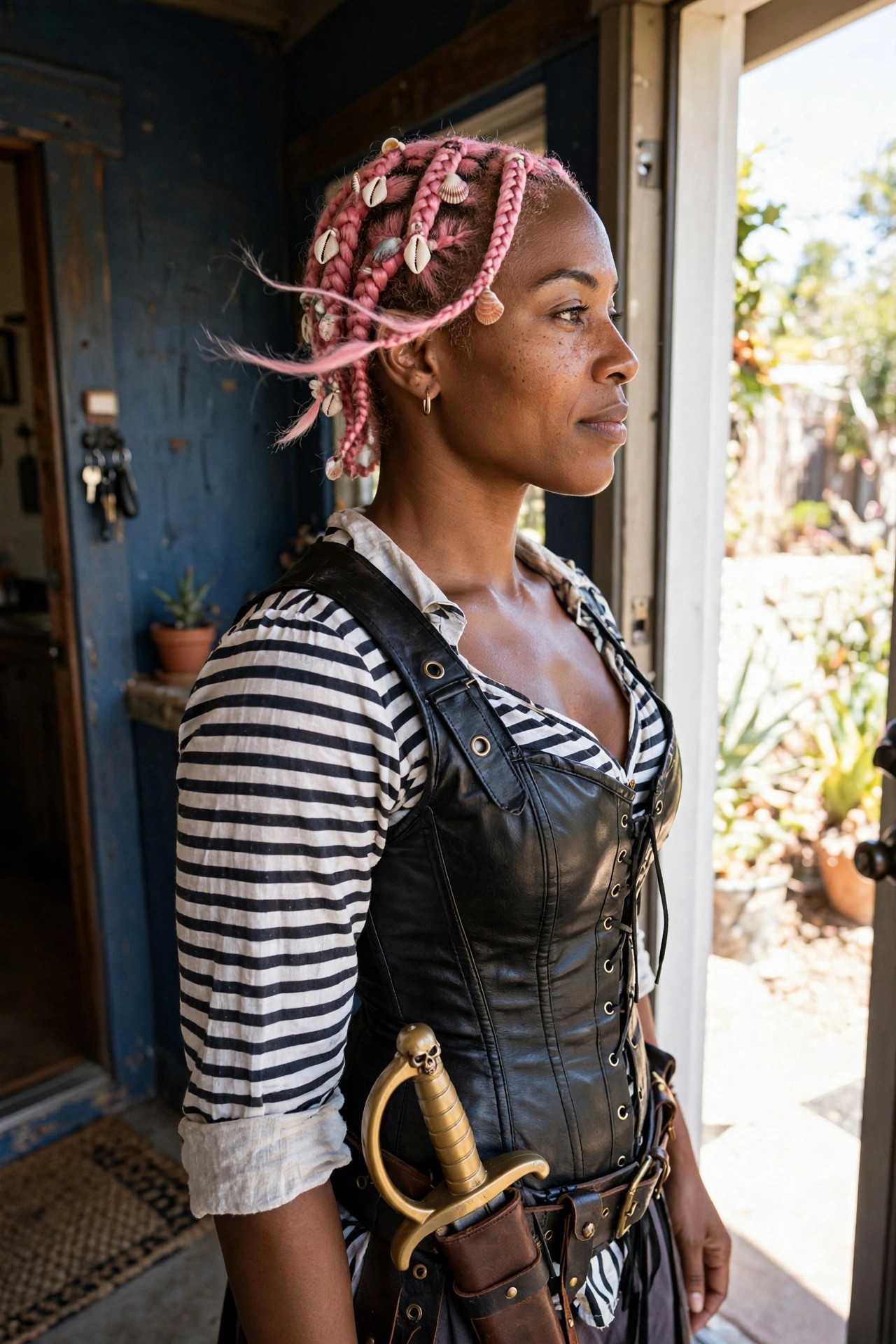 Woman wearing a pirate costume with pink braided hair decorated with shells, black leather corset, striped shirt, and a sword with skull hilt.