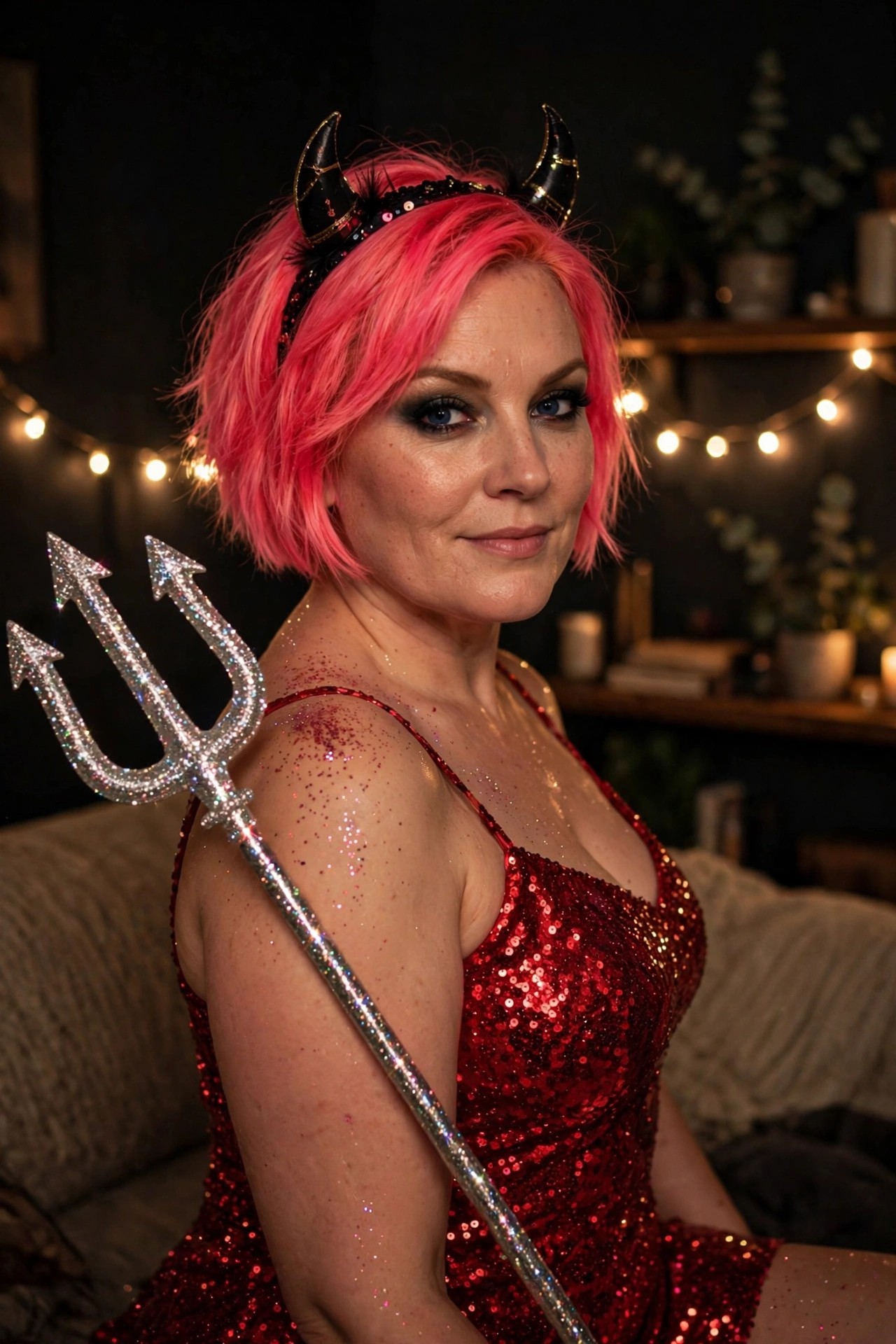 Woman with short bright pink hair wearing black and gold devil horns, a red sequin dress, and holding a glitter trident.