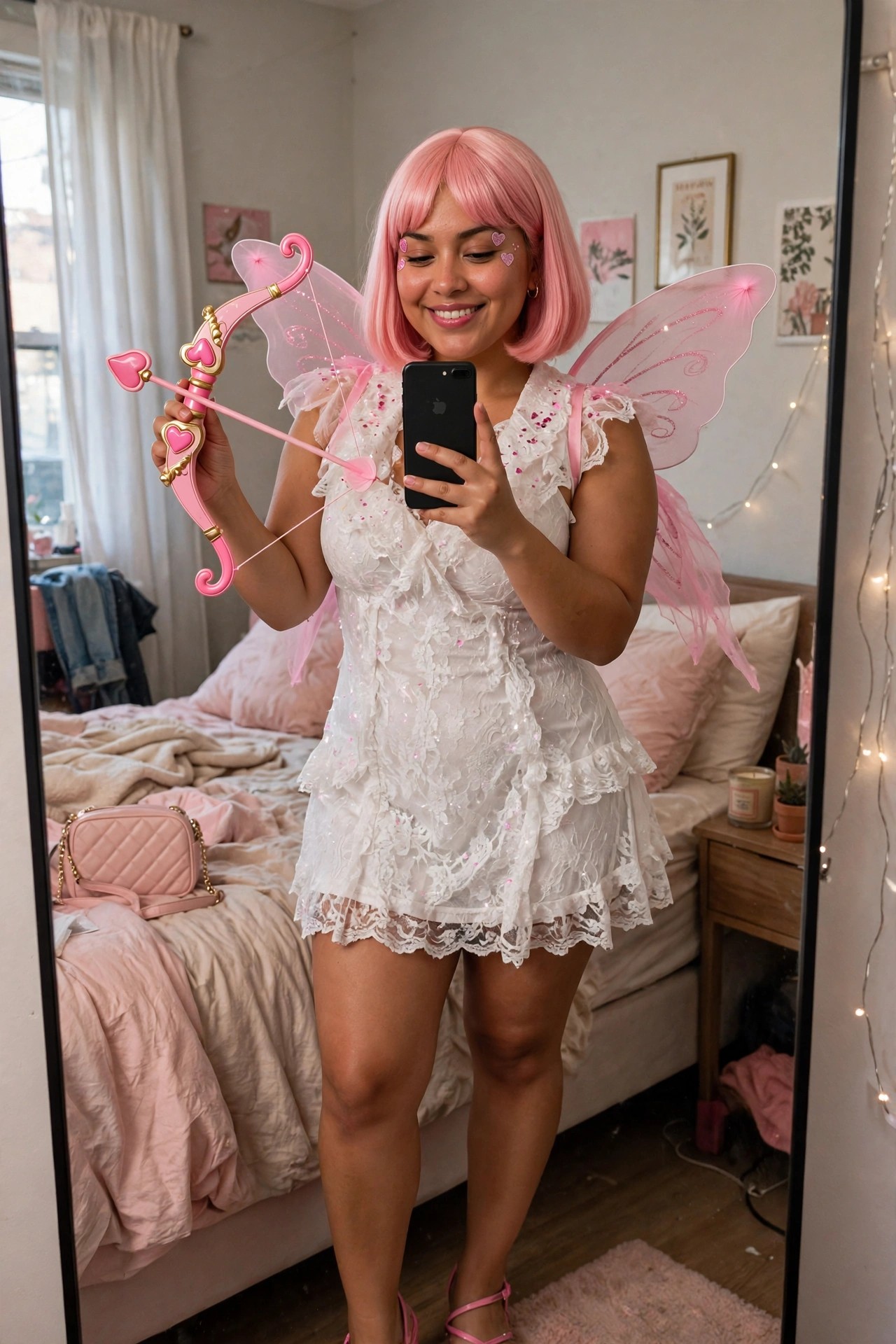 Woman wearing a pink bob wig, sheer pink fairy wings, white lace ruffled dress, and holding a pink heart shaped bow and arrow, with small heart face stickers visible.