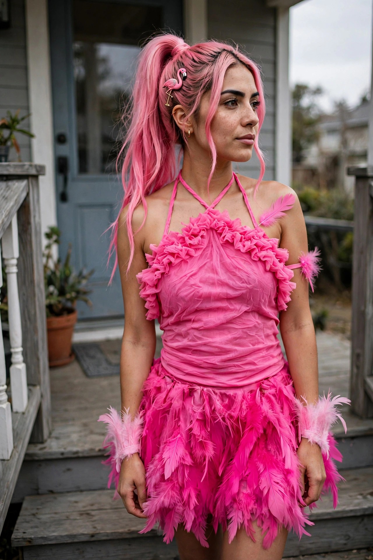 Woman wearing a bright pink flamingo costume with a ruffled halter top and feathered skirt paired with long pink hair in high ponytails and a small flamingo hair clip.