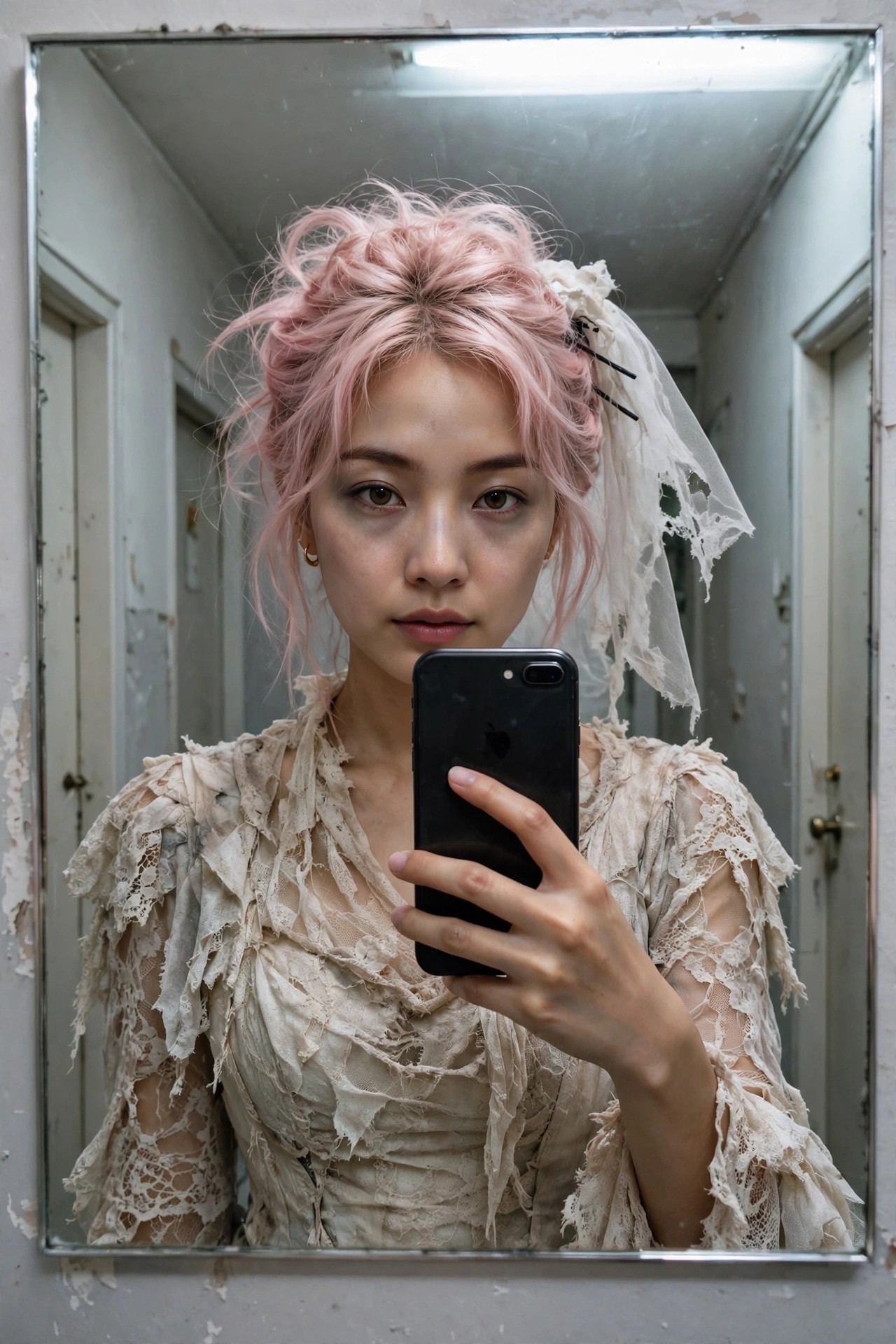 Woman with pink updo and torn veil wearing a shredded off white lace dress while holding a phone in a mirror selfie.