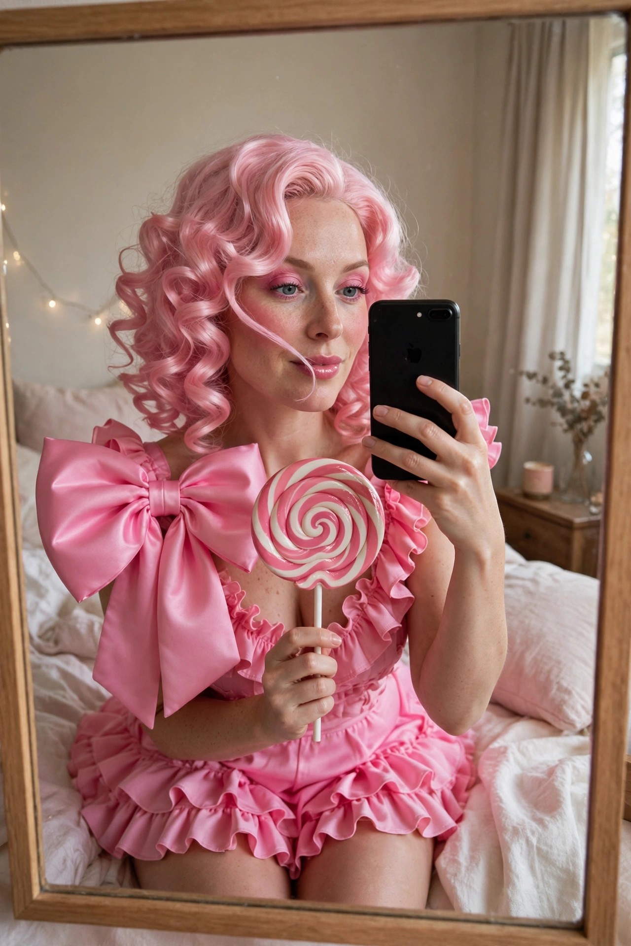 Woman in bright pink ruffled outfit with large pink bows holding a pink and white swirl lollipop, wearing voluminous curly pink wig and pink makeup while taking a mirror selfie.