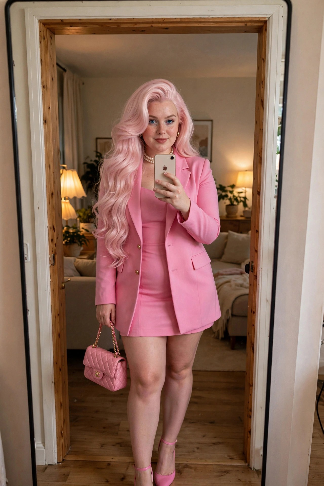 Woman wearing a bright pink blazer over a pink mini dress with long voluminous pink hair, holding a pink quilted handbag and pink phone in a mirror selfie.