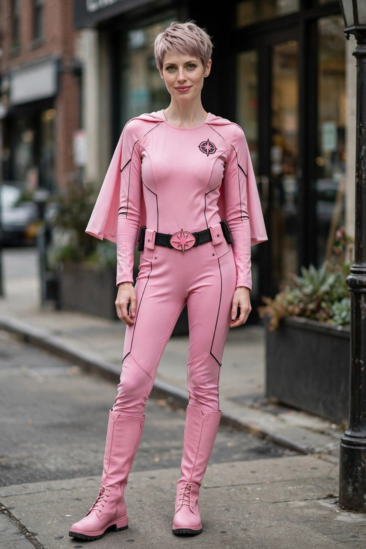 Woman wearing a pink superhero jumpsuit costume with attached short cape, black piping details, star emblem on the chest, matching pink utility belt with star buckle, and tall pink lace up boots, paired with short pink hair.