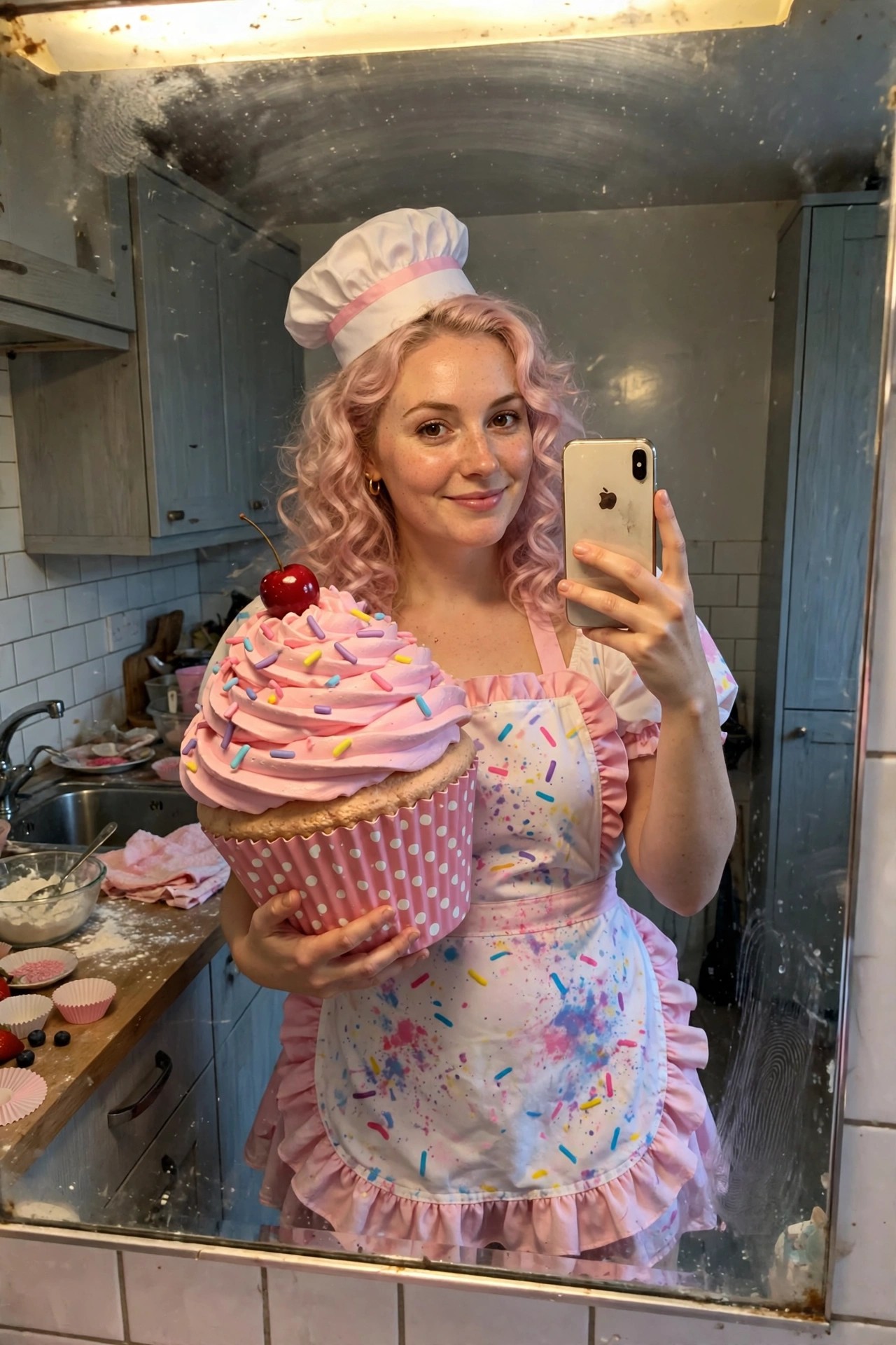 Woman with pink curly hair wearing a white chef hat and sprinkle patterned apron while holding a large pink cupcake prop in a kitchen.