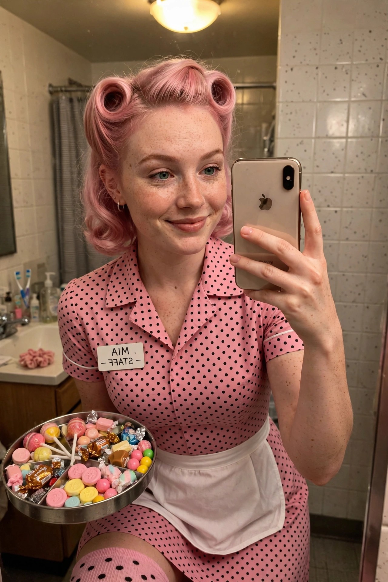 Woman with bright pink victory roll hairstyle wearing a pink polka dot diner waitress dress and white apron while holding a tray of assorted candies.