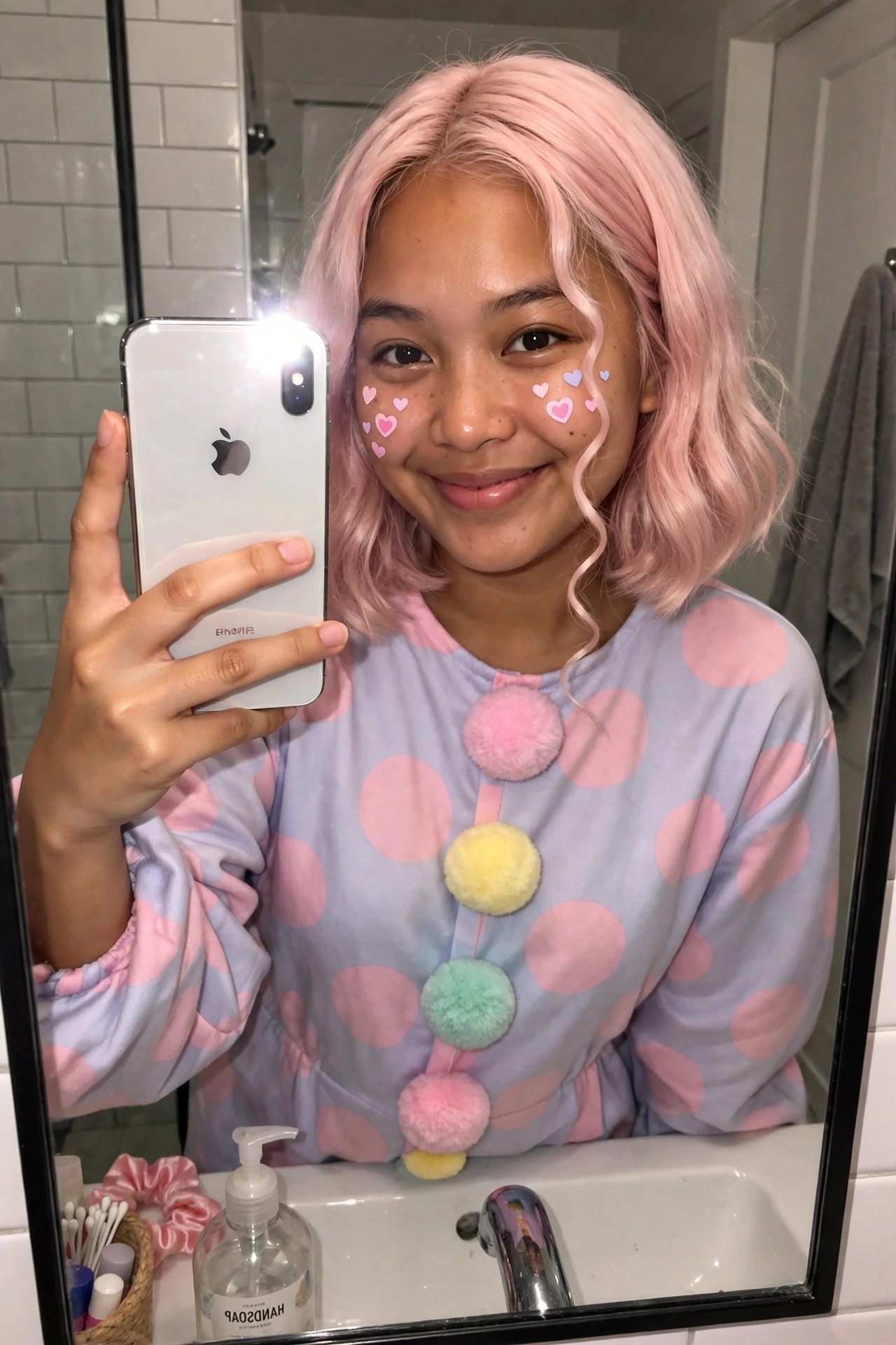 Woman with short wavy pink bob wearing heart stickers on cheeks and polka dot pajamas.