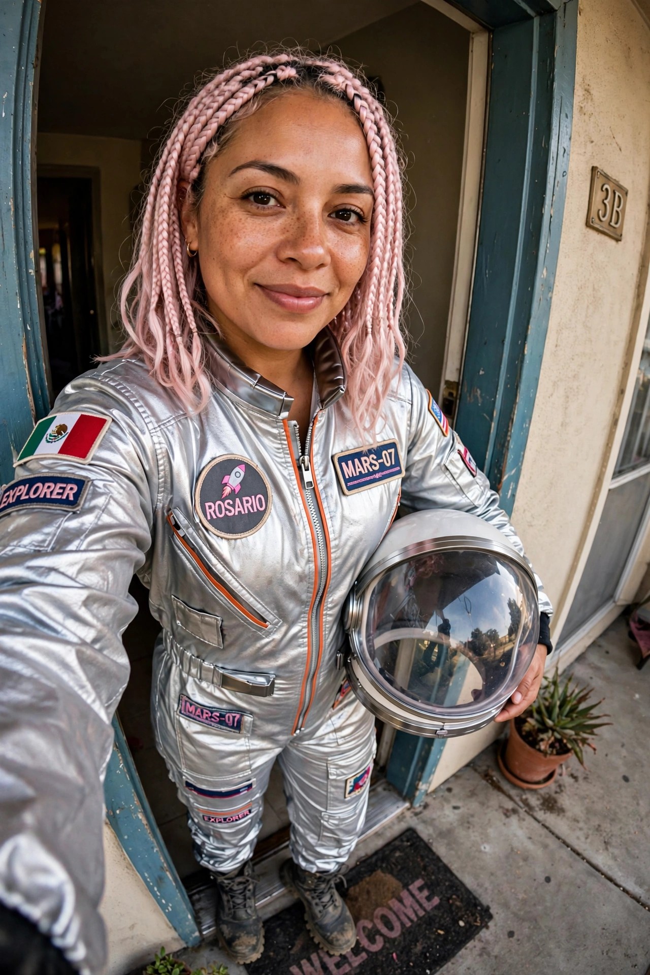 Woman wearing a silver metallic astronaut jumpsuit with multiple patches and holding a helmet, styled with long pink braids.