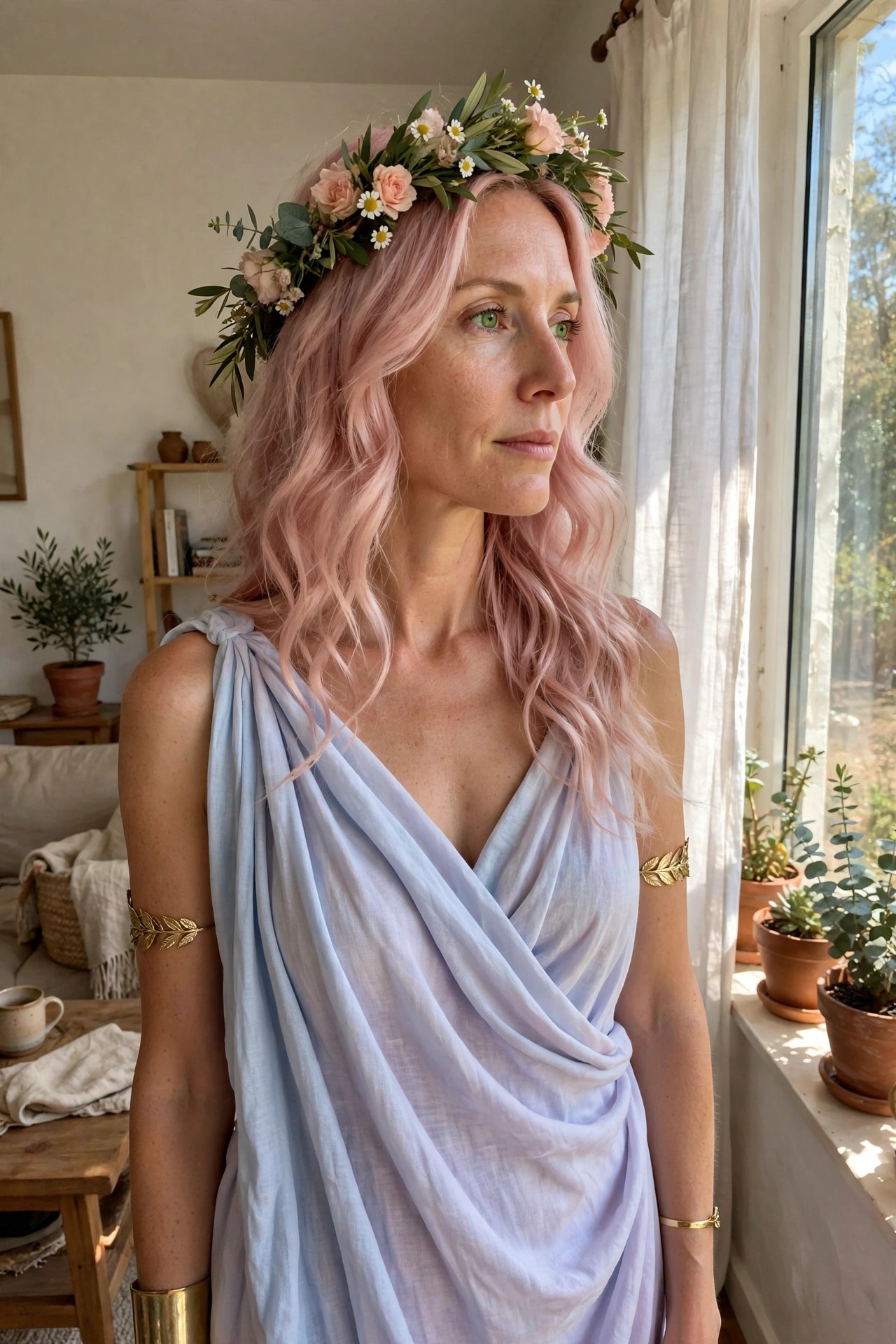 Woman with long wavy pastel pink hair wearing a crown of pink roses, daisies, and greenery.