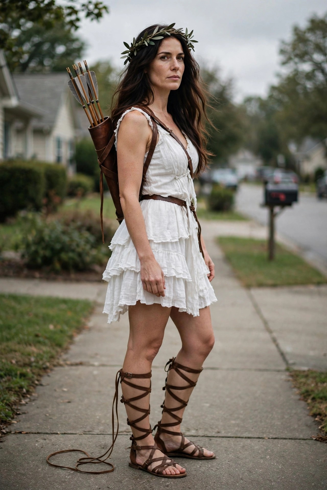 Woman wearing a white tiered dress with brown leather straps, a quiver of arrows on her back, a laurel wreath crown, and lace up gladiator sandals as an Artemis the huntress Greek goddess costume.