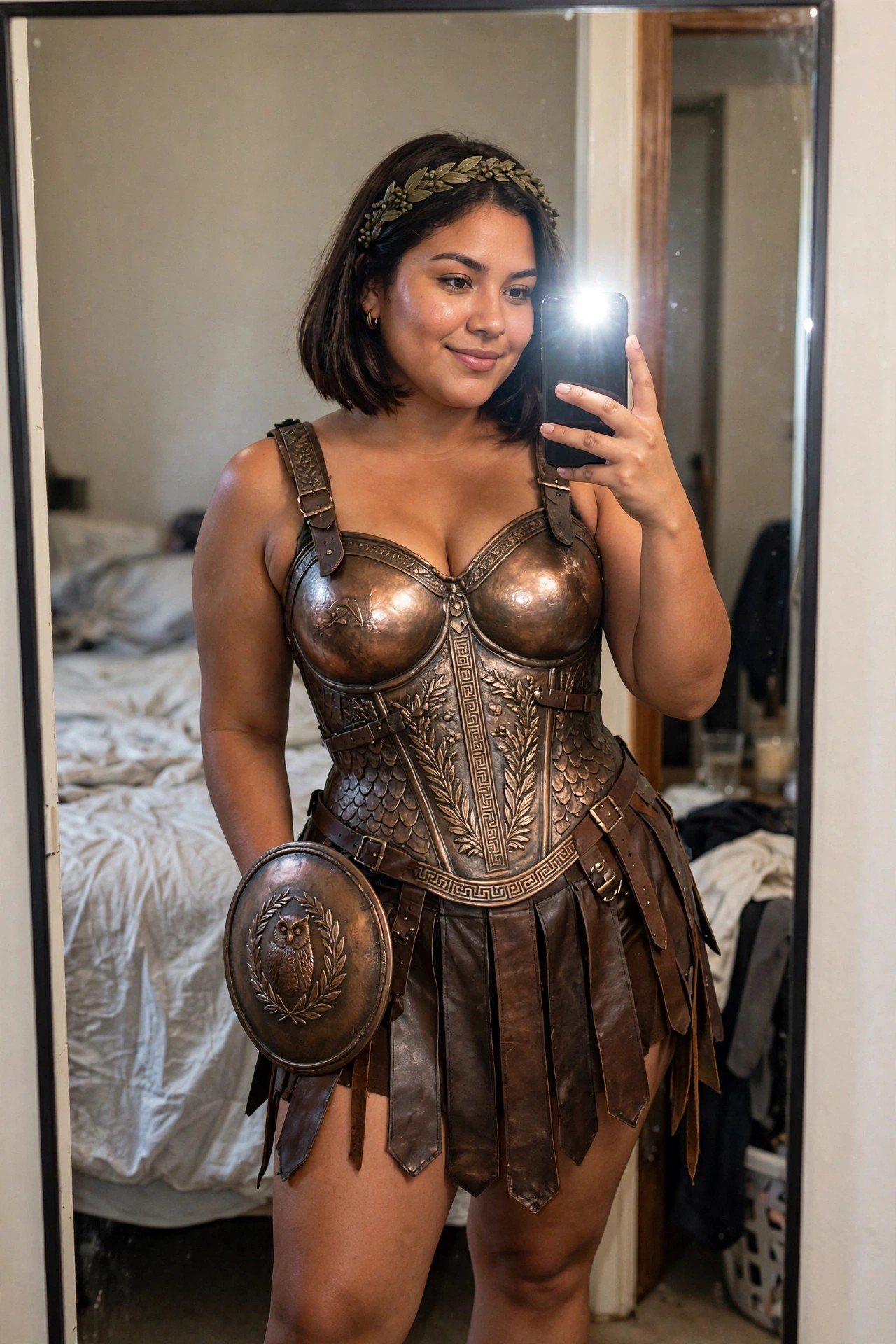 Woman wearing a bronze Greek goddess armor corset with owl emblem, leather fringe skirt, round owl shield, and gold laurel headband while taking a mirror selfie.