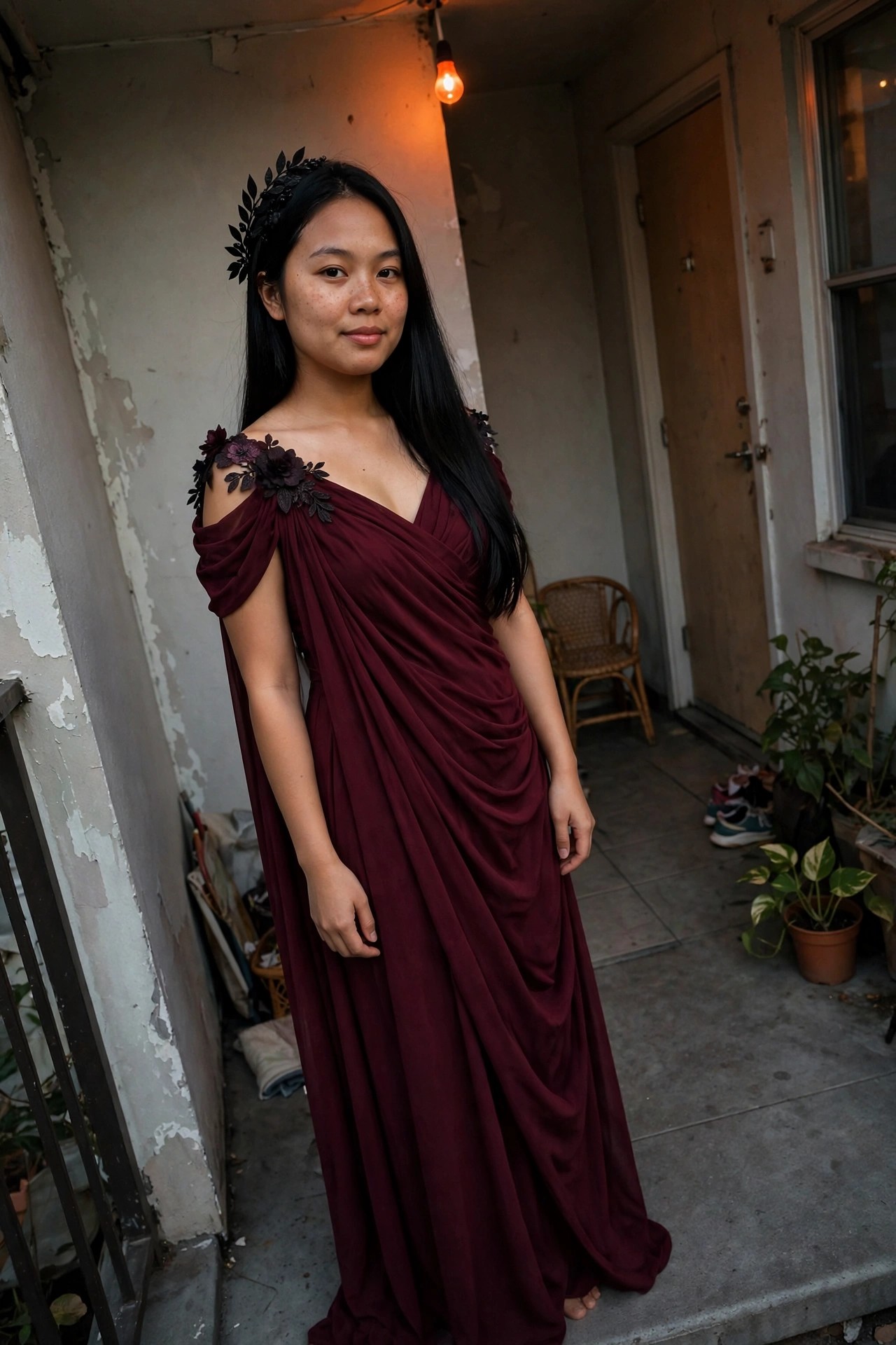 Woman in a long draped maroon gown with off-shoulder floral accents and a black leaf crown standing on a porch.
