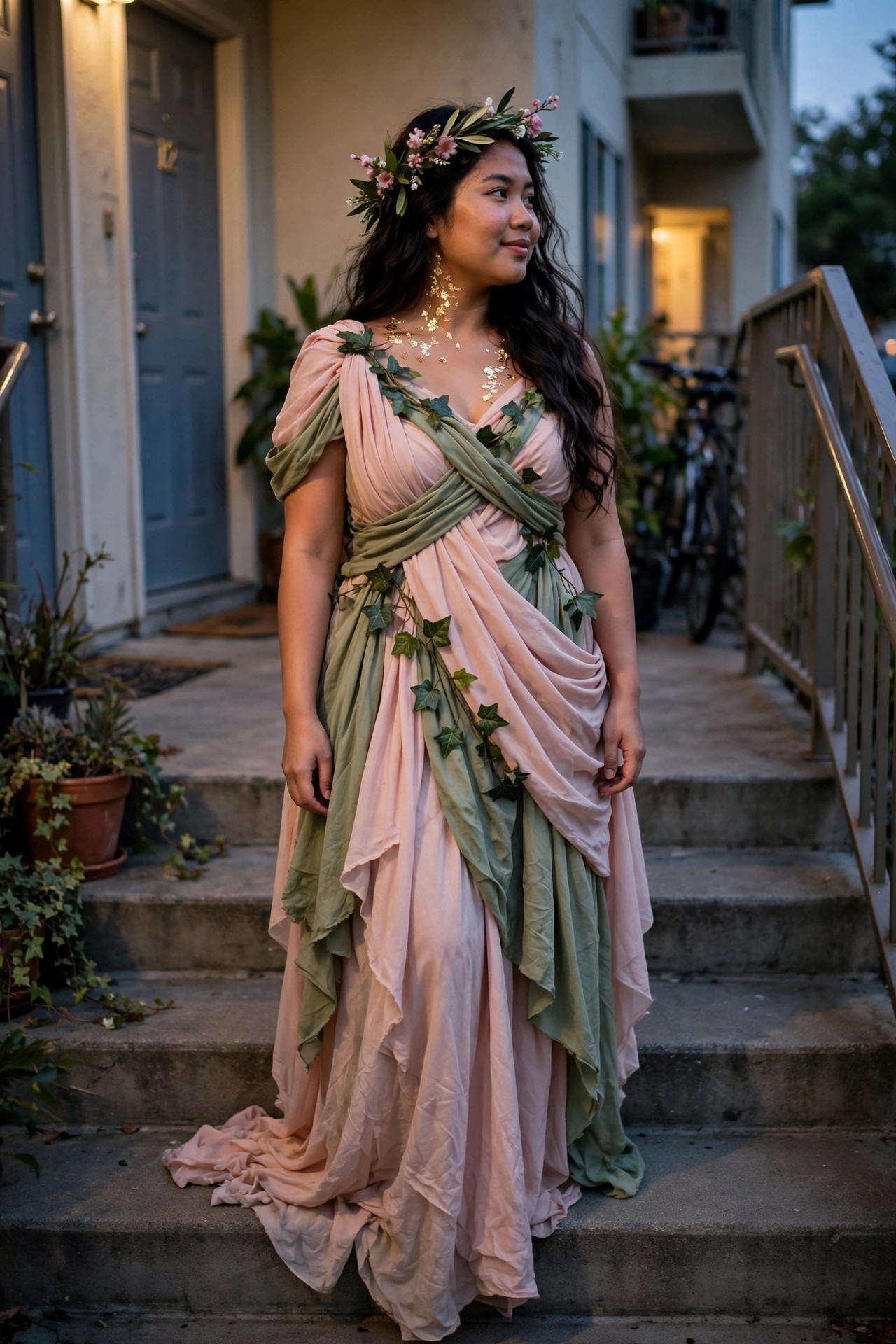 Woman wearing a draped pink and sage green goddess costume with ivy vines, floral crown, and gold leaf jewelry on outdoor steps.