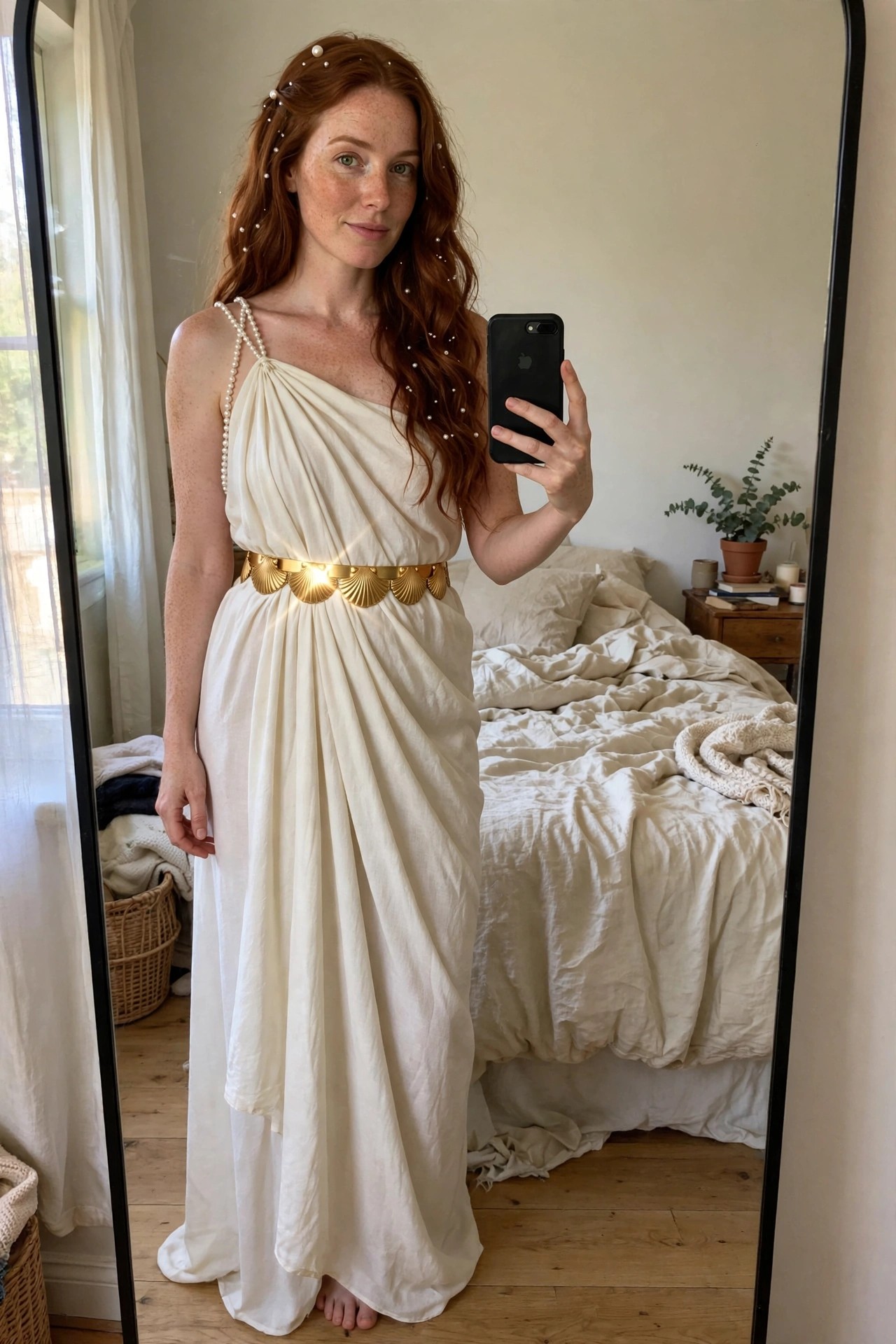 Woman wearing a long white draped one shoulder gown with gold shell belt and pearl straps as a Greek goddess costume.