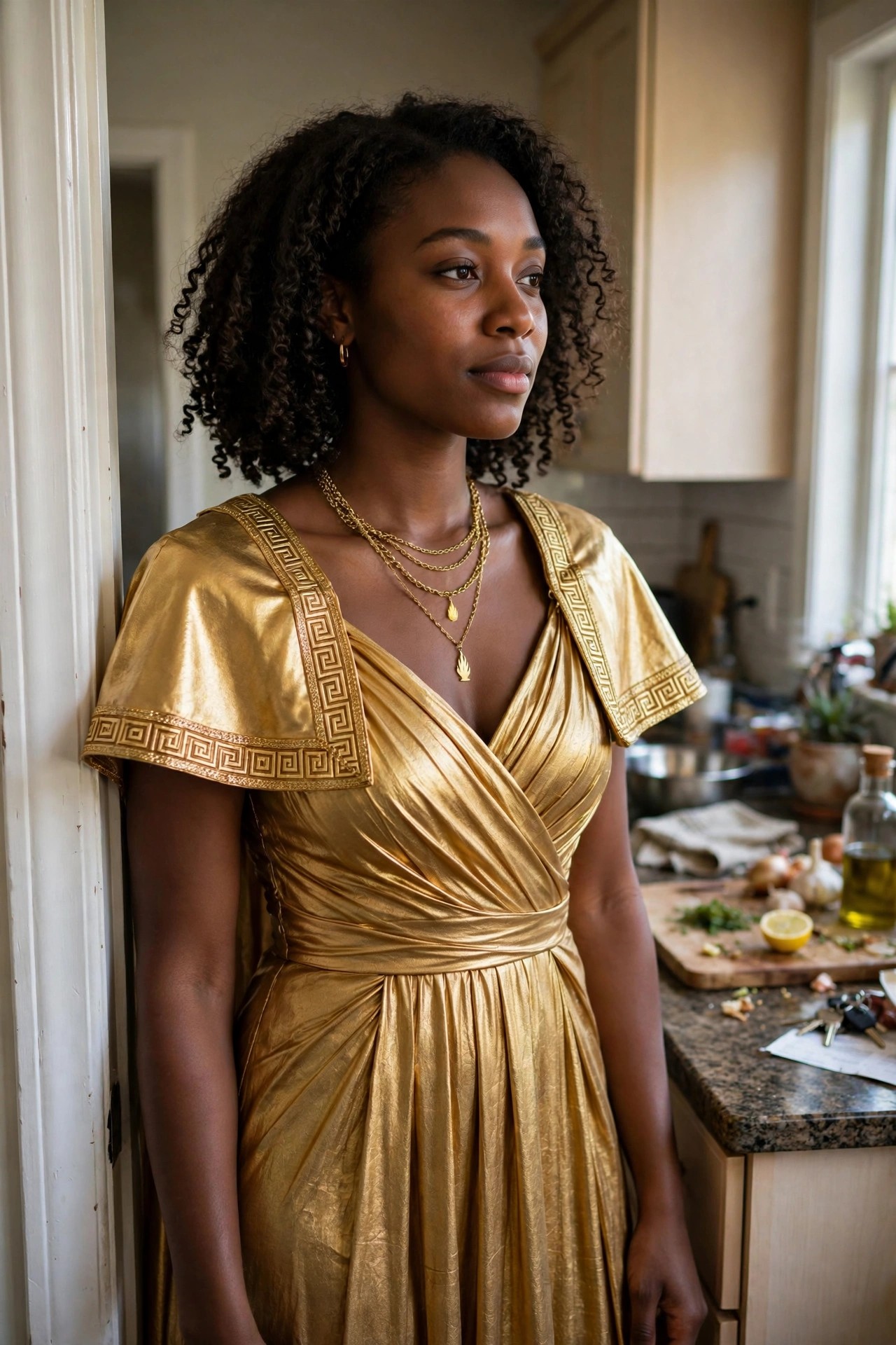 Woman wearing a shiny gold wrap dress with Greek key trim on the sleeves and hem, layered gold necklaces with pendants, curly dark hair.