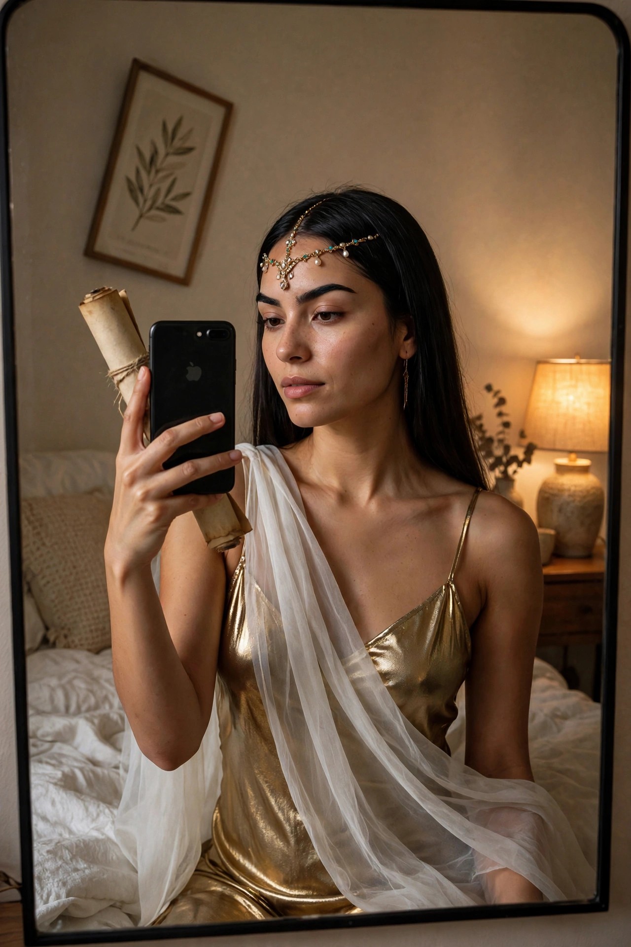 Woman wearing a gold metallic slip dress with white sheer fabric draped over one shoulder, ornate gold headpiece with turquoise and pearl details, holding rolled scrolls and a black smartphone in a mirror selfie.