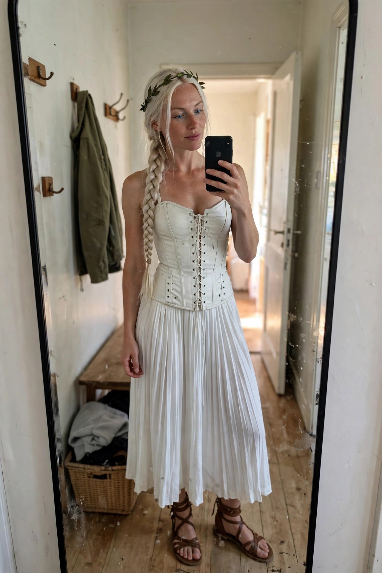 Woman wearing a white laced corset top and long pleated white skirt with a side braid and laurel leaf headband as a Greek goddess costume.