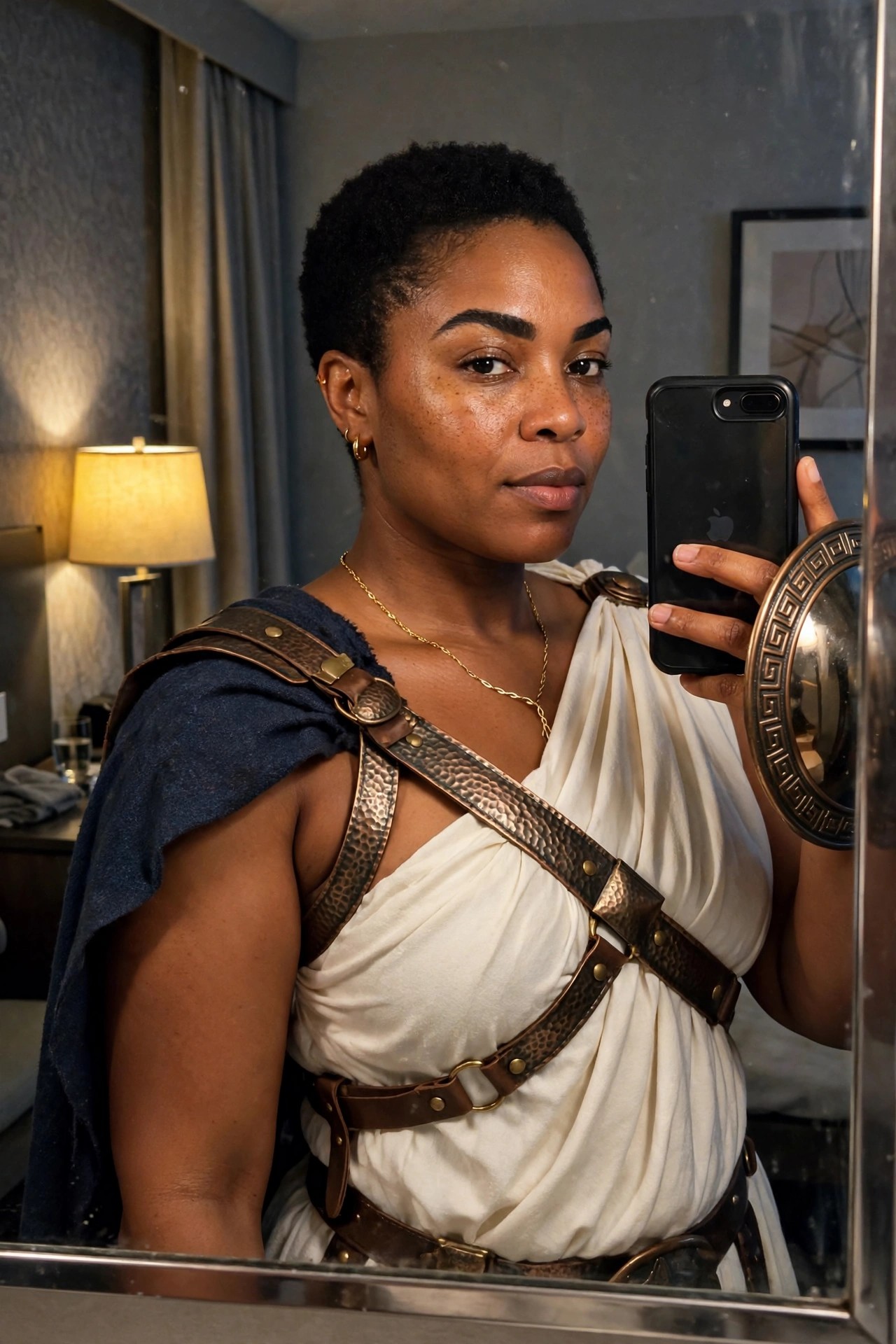 Woman wearing a white draped Greek goddess toga crossed with multiple brown leather straps and belts with gold studs, taking a mirror selfie.