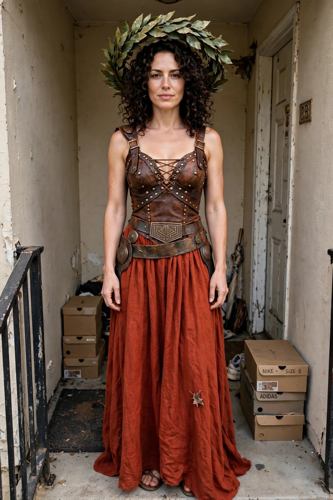 Woman wearing a Greek goddess costume with a laurel wreath crown, brown leather style corset top with lacing and metal studs, wide decorative belt, long orange skirt, and sandals.