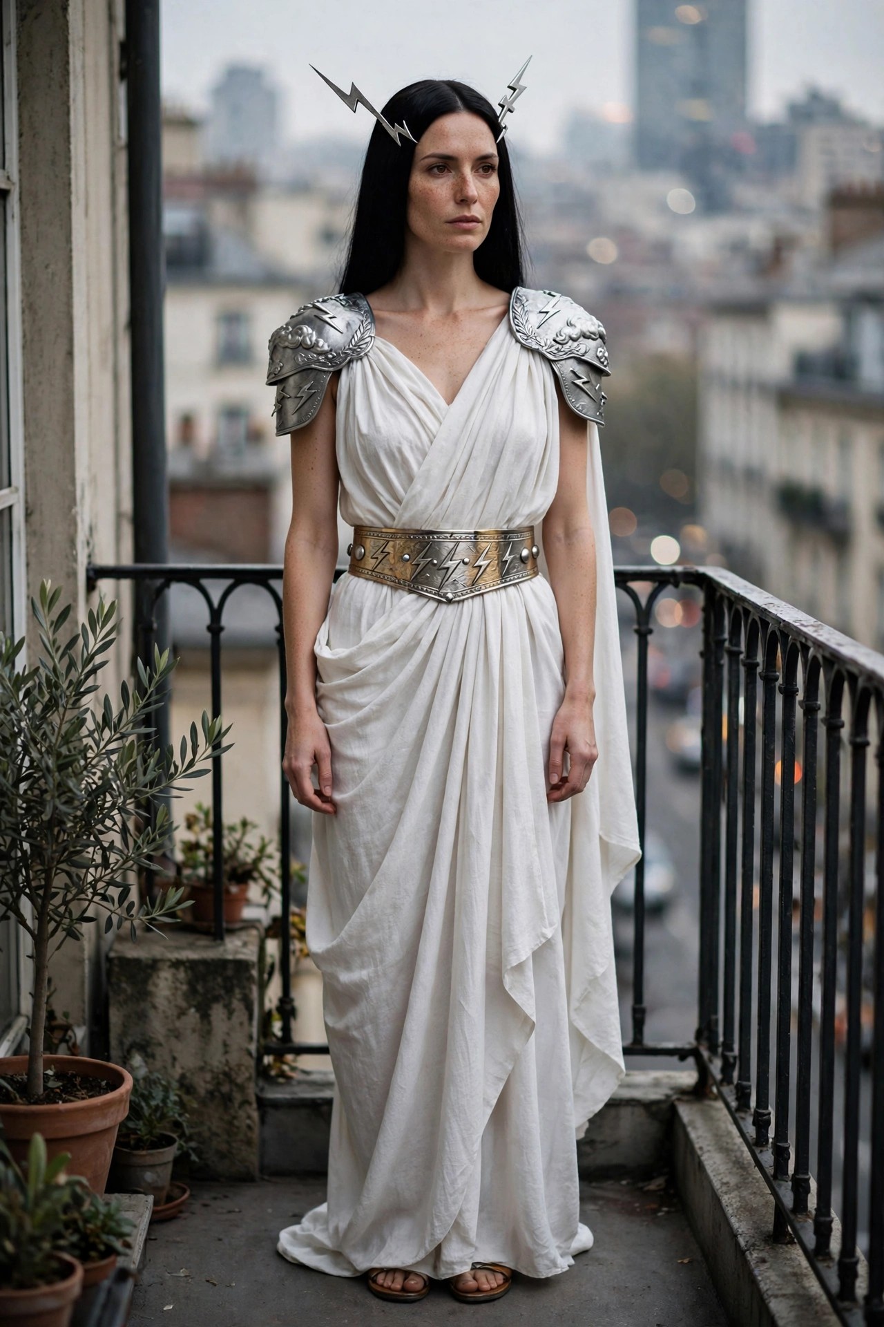 Woman in a white draped Greek goddess dress with metallic shoulder armor featuring lightning bolts and clouds, a wide lightning patterned belt, and a headband with two lightning bolts.