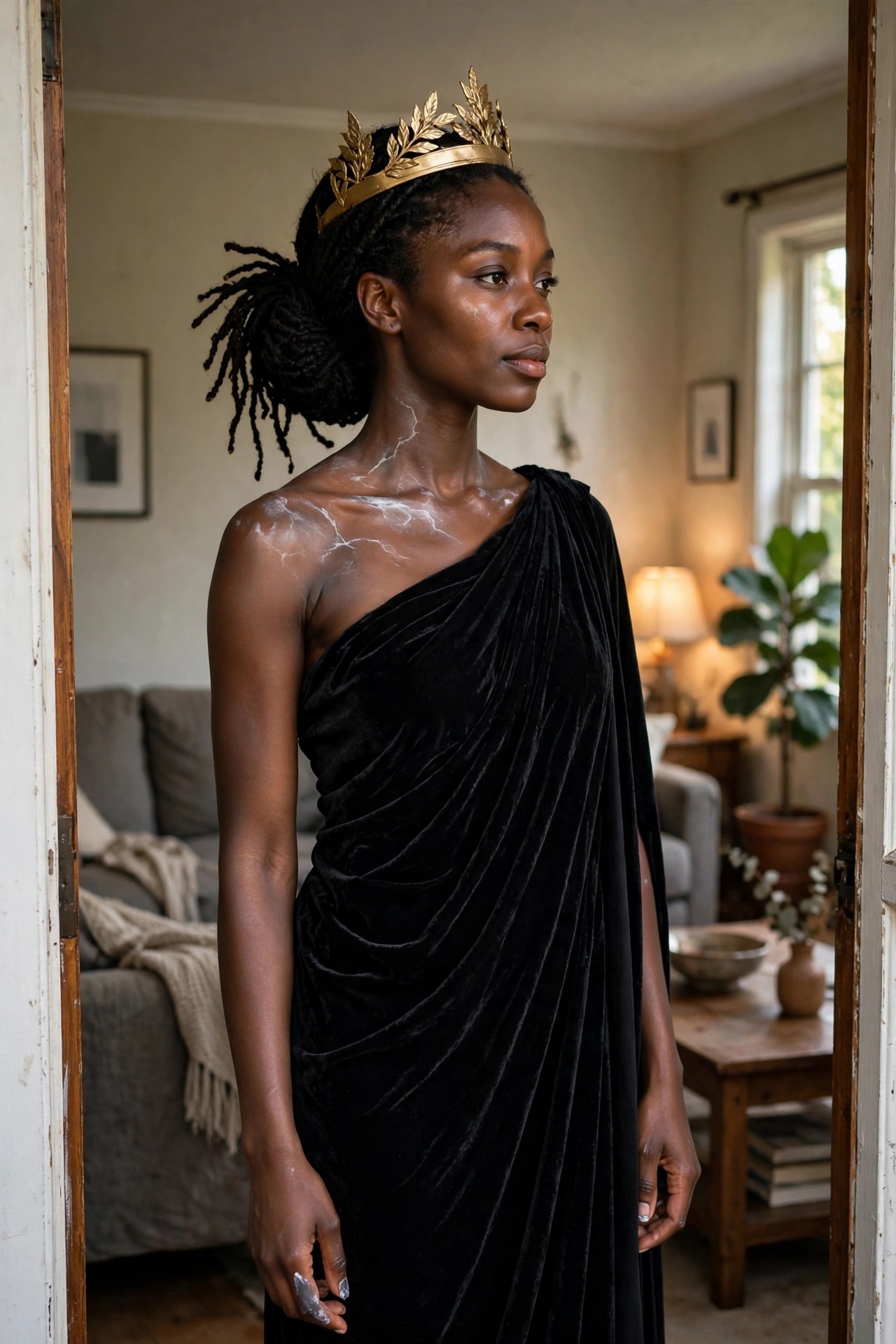 Woman wearing a black velvet one-shoulder draped dress with a gold laurel leaf crown and white cracked body paint across shoulders and neck.