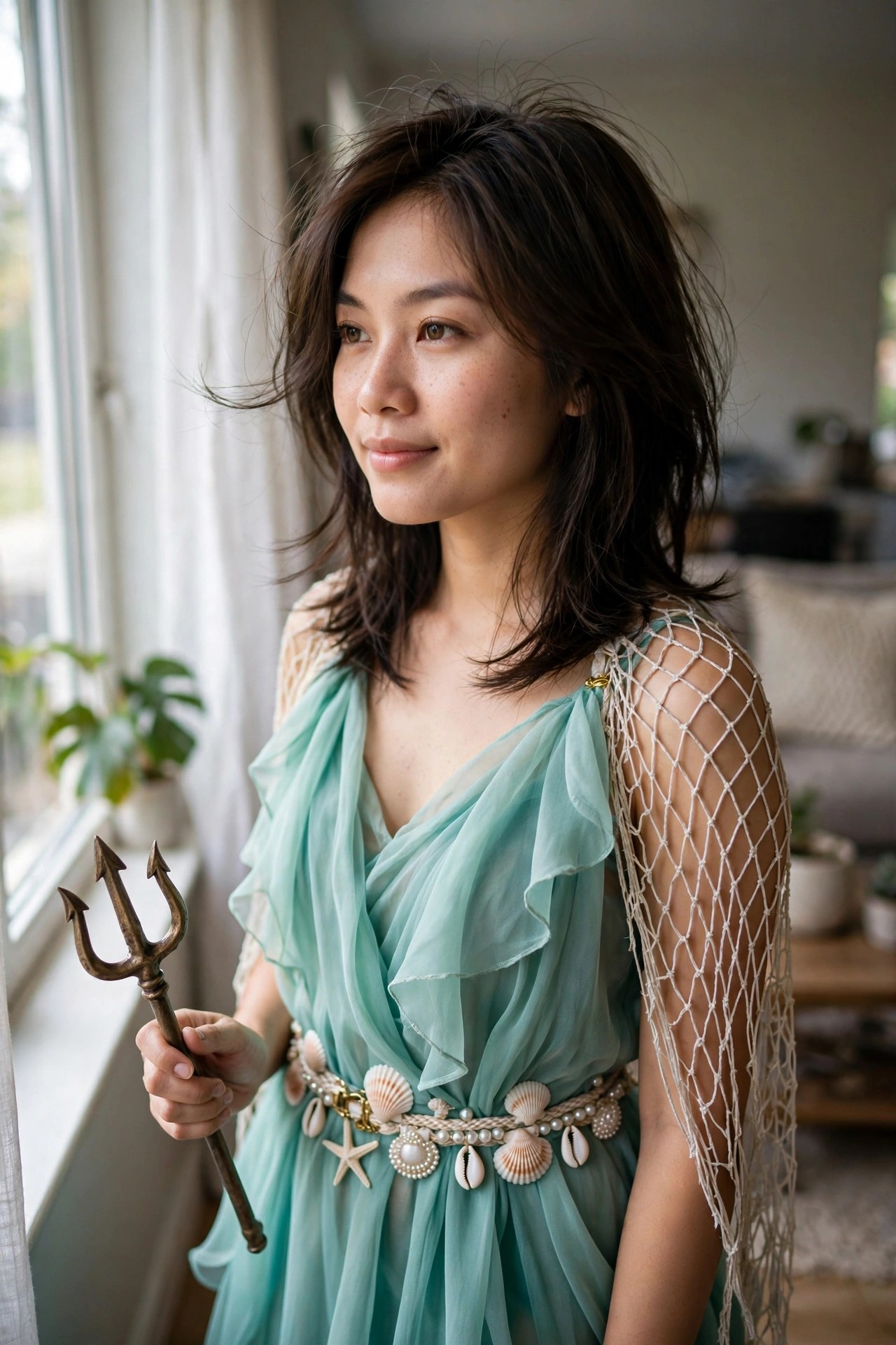 Woman wearing a flowing mint green Greek goddess costume with ruffled fabric, shell and pearl belt, net sleeve detail on one shoulder, and holding a small trident.