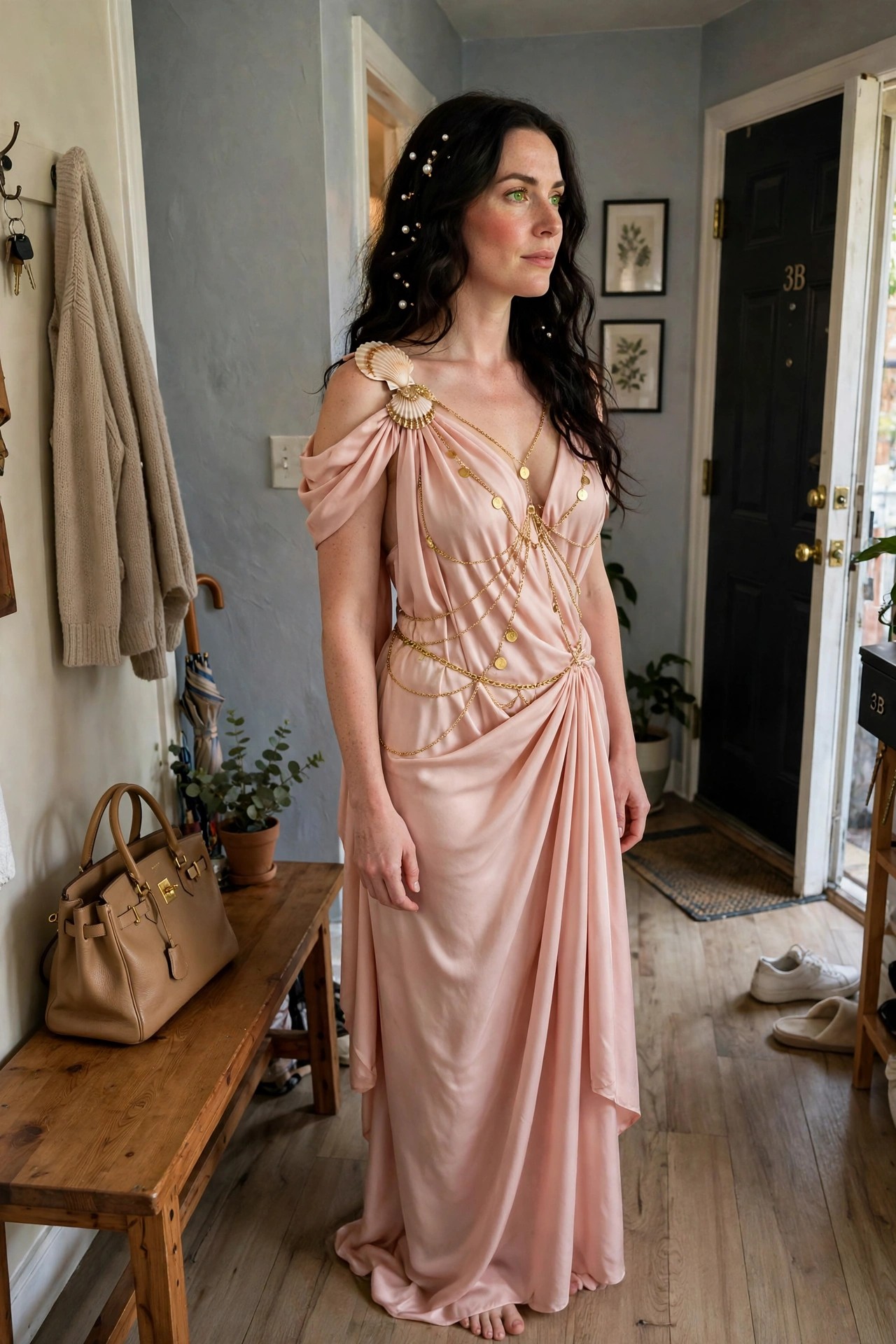 Woman wearing a flowing peach draped gown with gold chains and a large shell brooch on one shoulder as a Greek goddess costume.