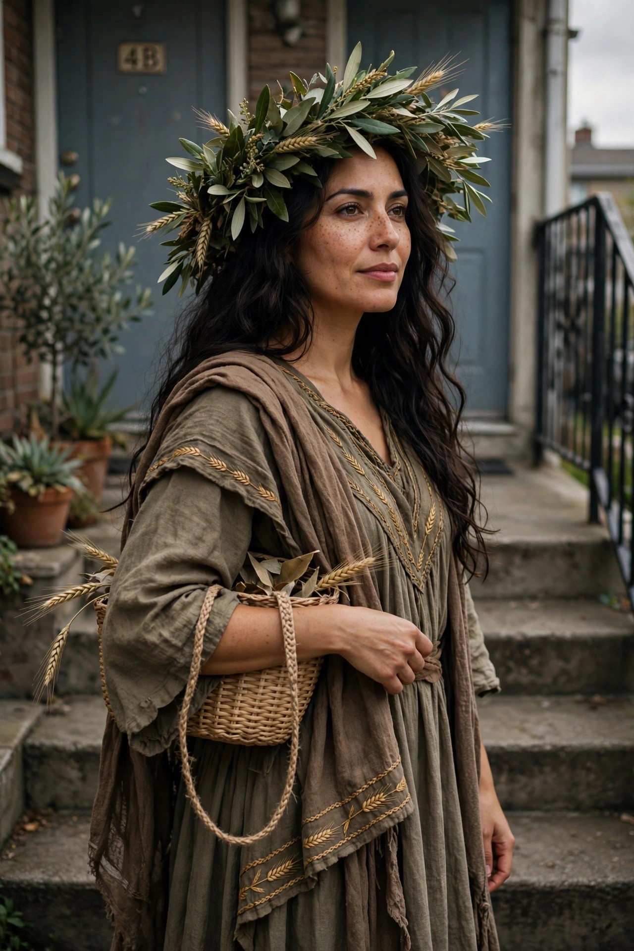 Woman wearing an olive green draped Greek goddess costume with gold wheat embroidery, a large leafy wreath crown with wheat stalks, and holding a woven basket with wheat and leaves.