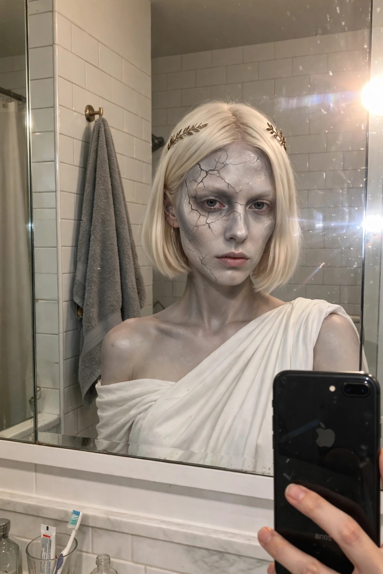 Woman wearing a white draped one-shoulder toga costume with pale cracked face paint and a gold leaf headband in a short blonde bob.